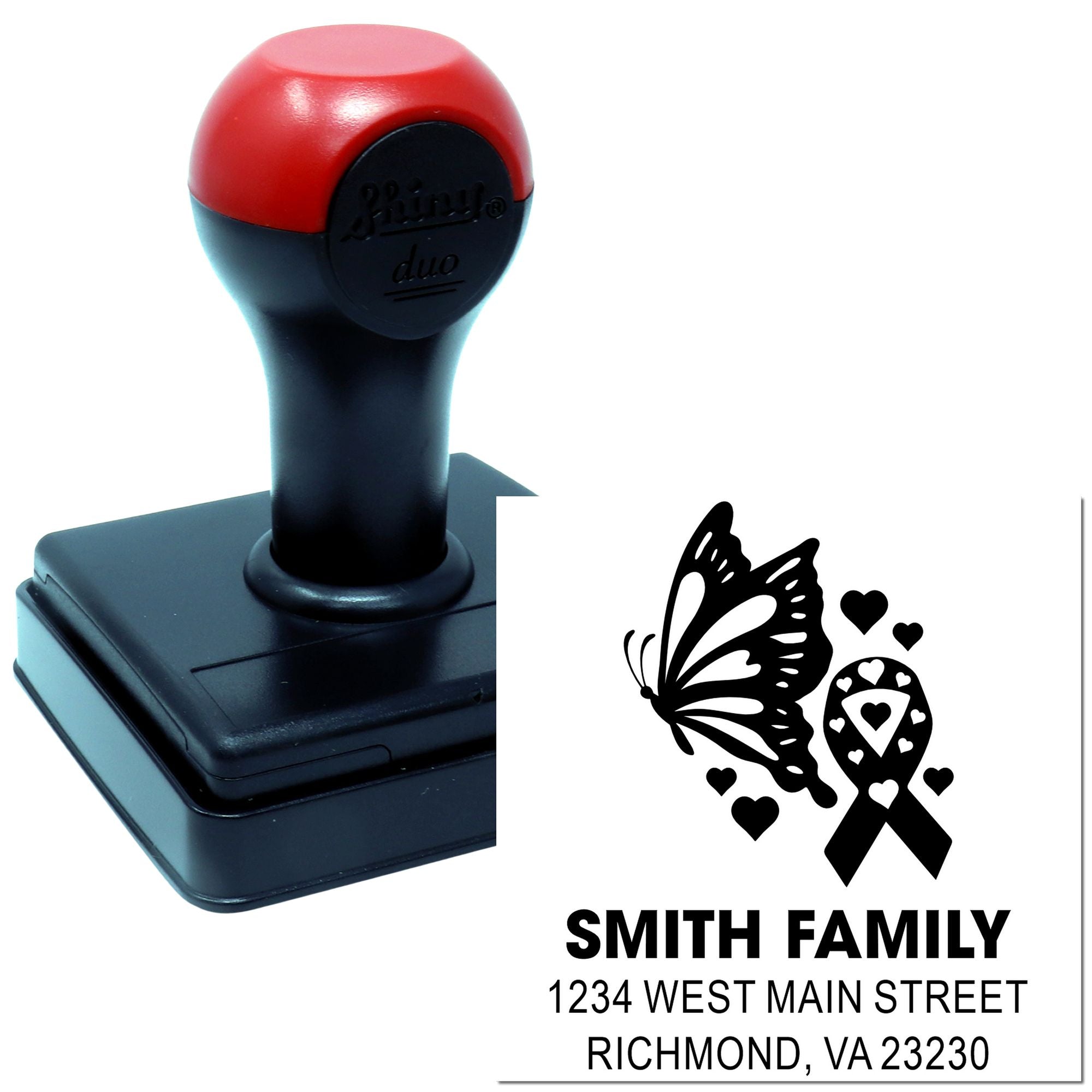 Custom self-inking rubber address stamp with butterfly and ribbon design, personalized with Smith Family name and Richmond, VA address