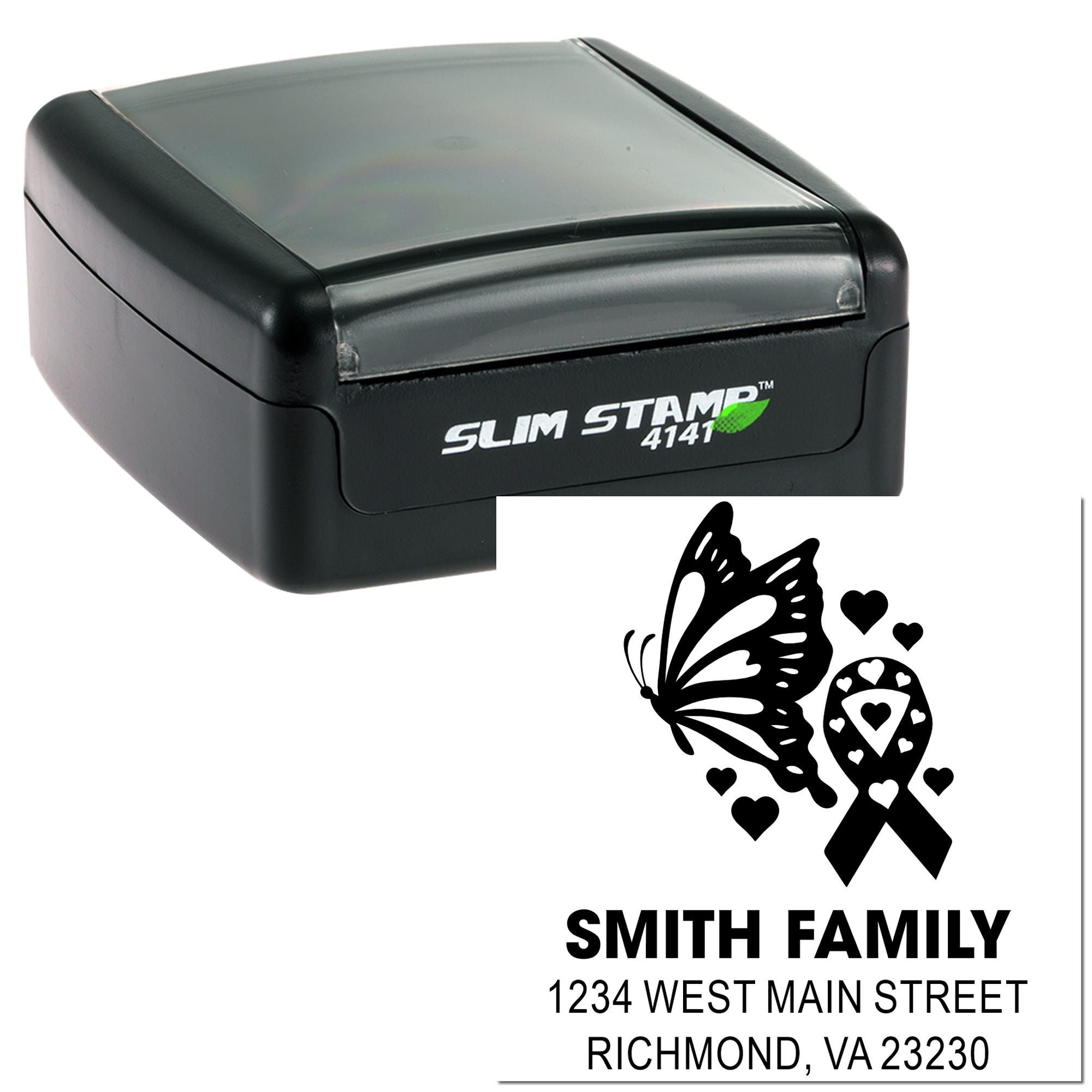 Personalized self-inking rubber return address stamp with butterfly ribbon design for Smith Family mailings.