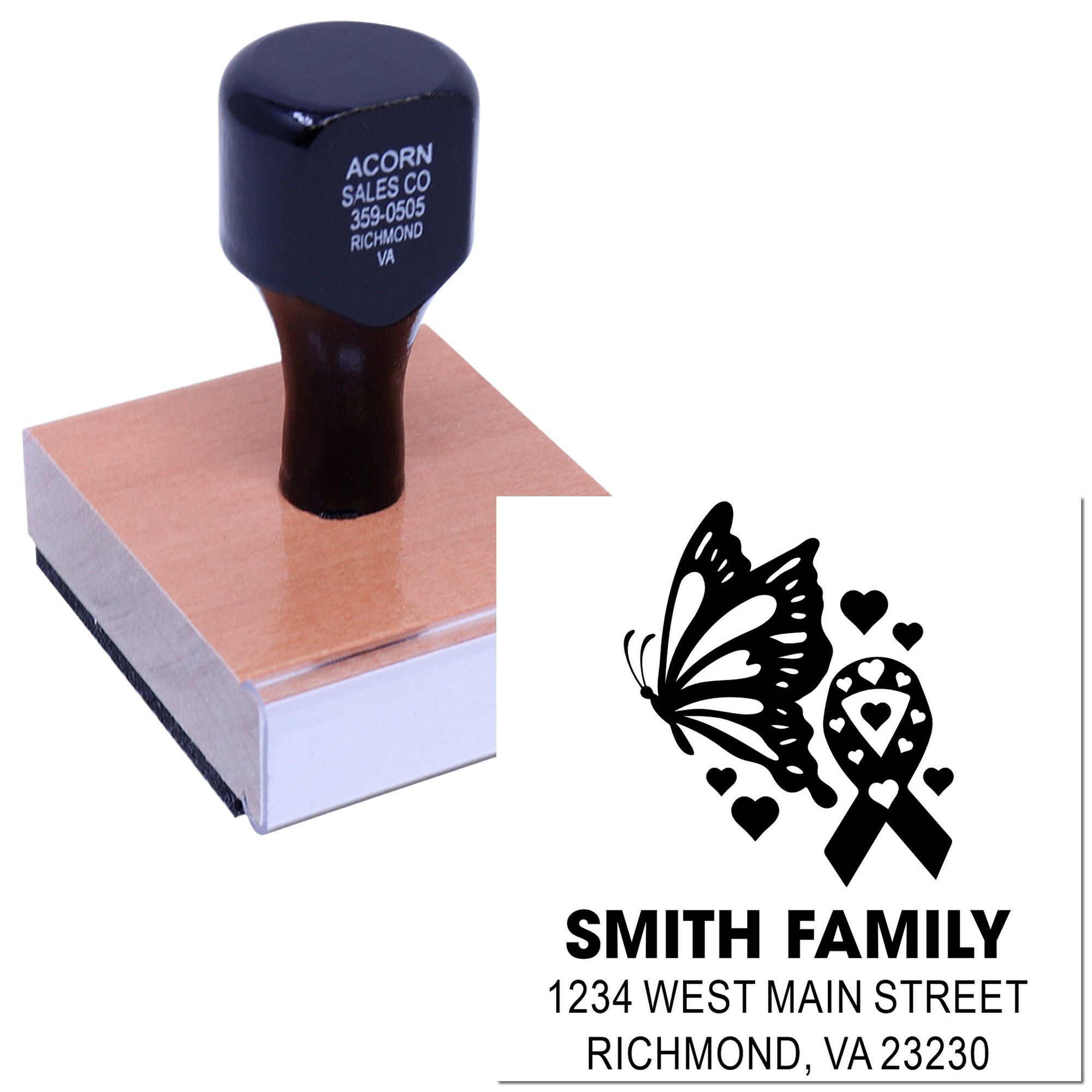 Custom rubber stamp for personalized return address and family mailings, featuring a butterfly ribbon design