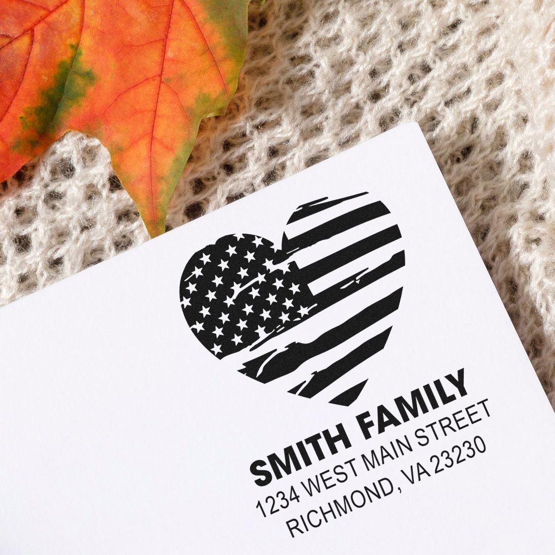 Personalized family return address rubber stamp with patriotic heart design, Smith Family, and Richmond, VA address.