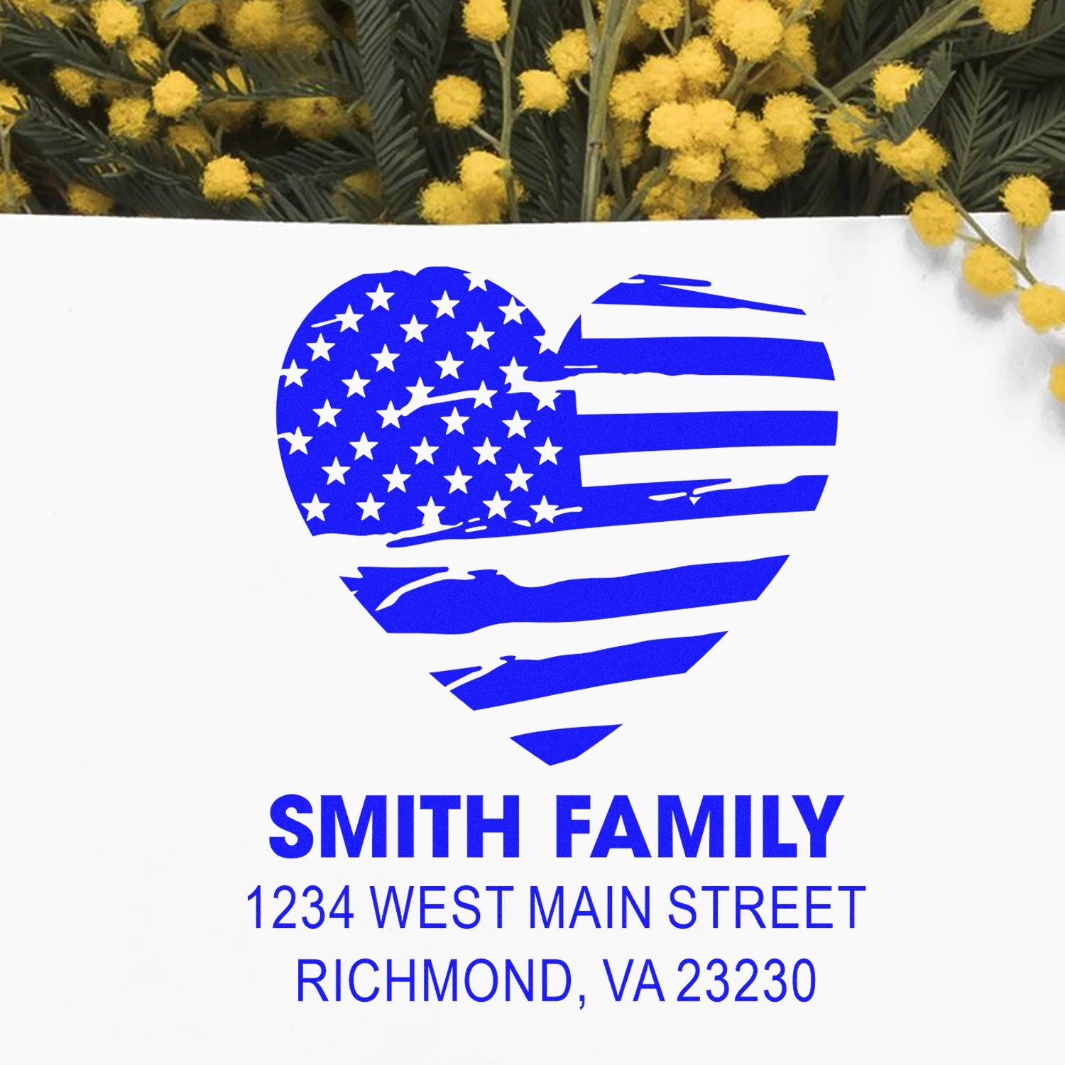 Custom family return address rubber stamp with blue patriotic heart, Smith Family, 1234 West Main Street, Richmond, VA 23230.