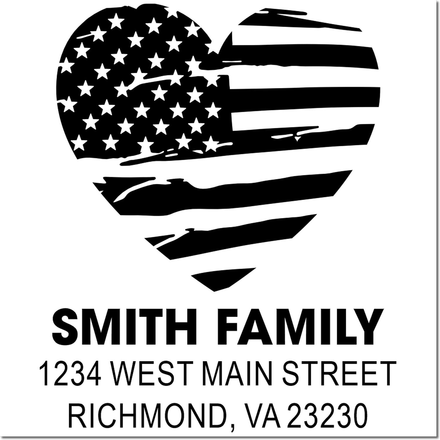 Personalized family address rubber stamp with distressed American flag heart design, Smith Family, Richmond, VA 23230.