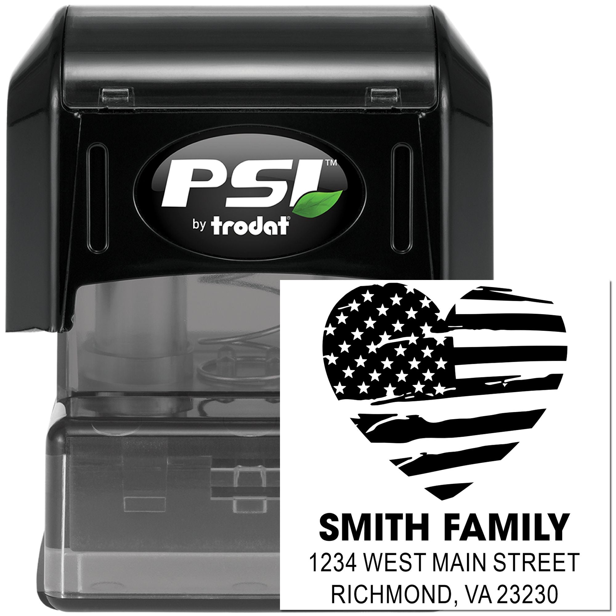 Custom self-inking rubber stamp for return address labels, featuring a patriotic American flag heart and Smith Family address.