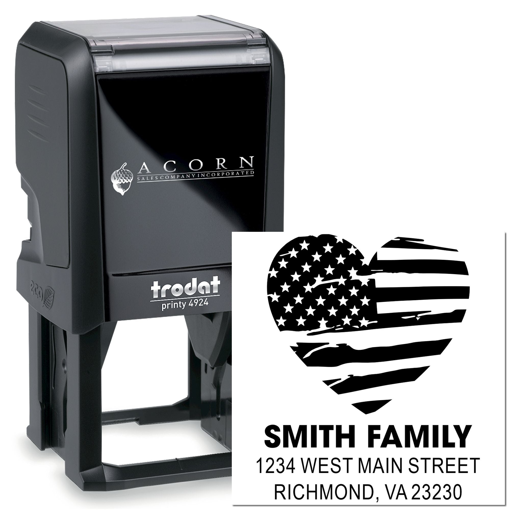 Custom self-inking rubber address stamp with Smith Family return address and patriotic heart flag design.