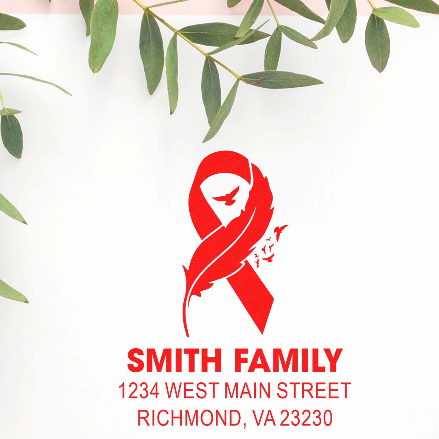 Custom awareness ribbon rubber stamp with Smith Family name and Richmond, VA address for personalized mailing.