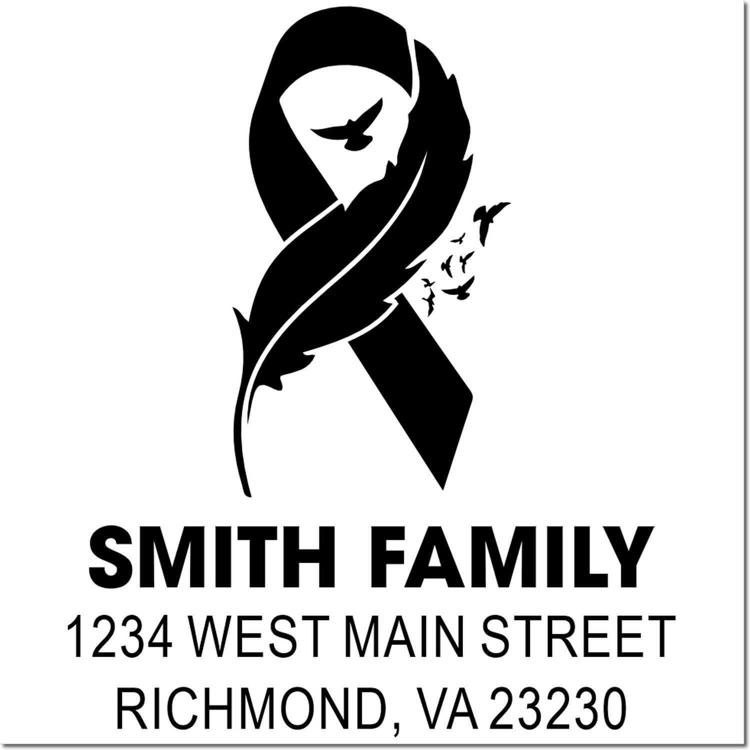 Custom awareness ribbon rubber stamp with dove, personalized family name and address for memorial cards and support mailings.
