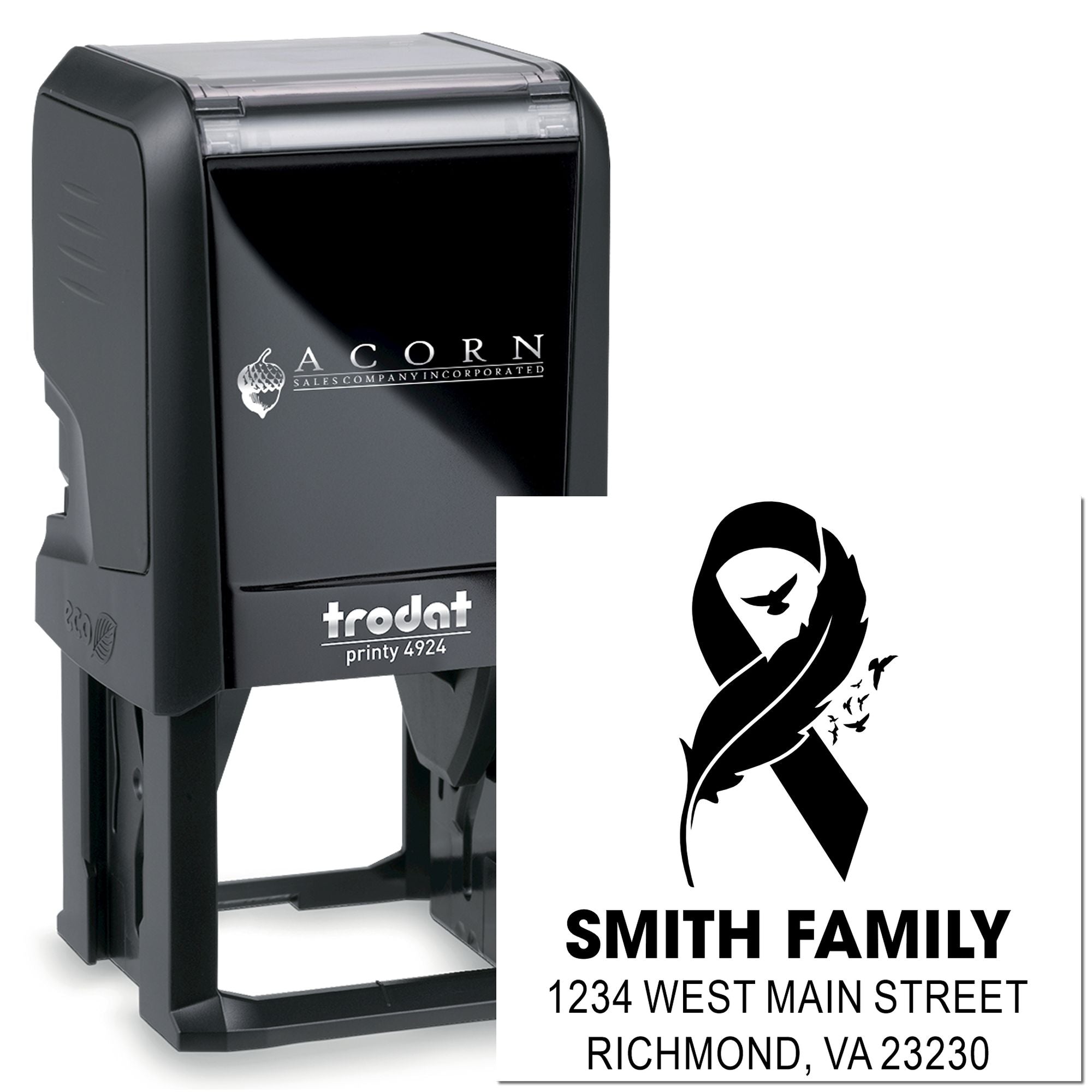 Custom self-inking rubber stamp with memorial ribbon, Smith Family name, and address for personalized mailings