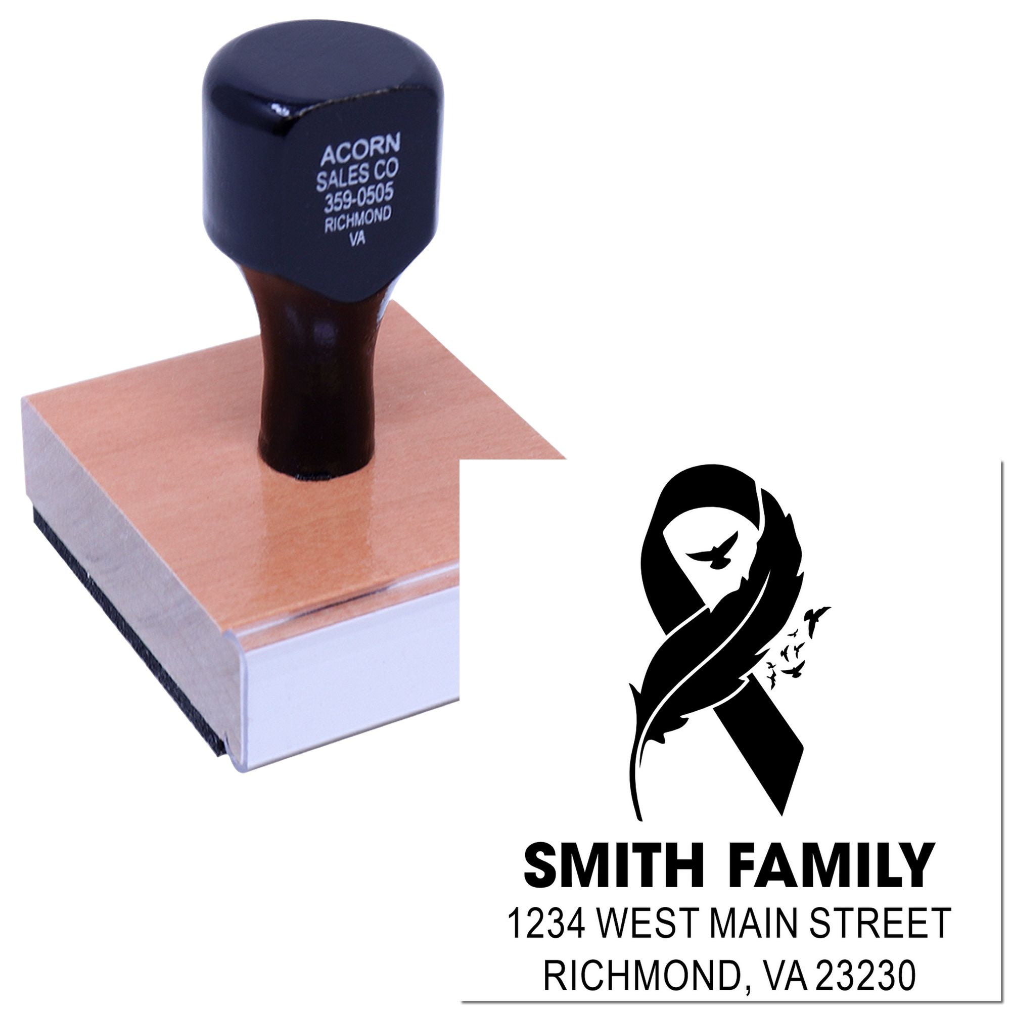 Custom rubber stamp with Smith Family return address and ribbon logo for personalized mailing.