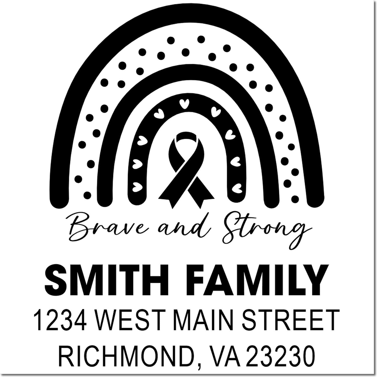Personalized breast cancer awareness rubber stamp with rainbow ribbon, Brave and Strong, and Smith Family return address.