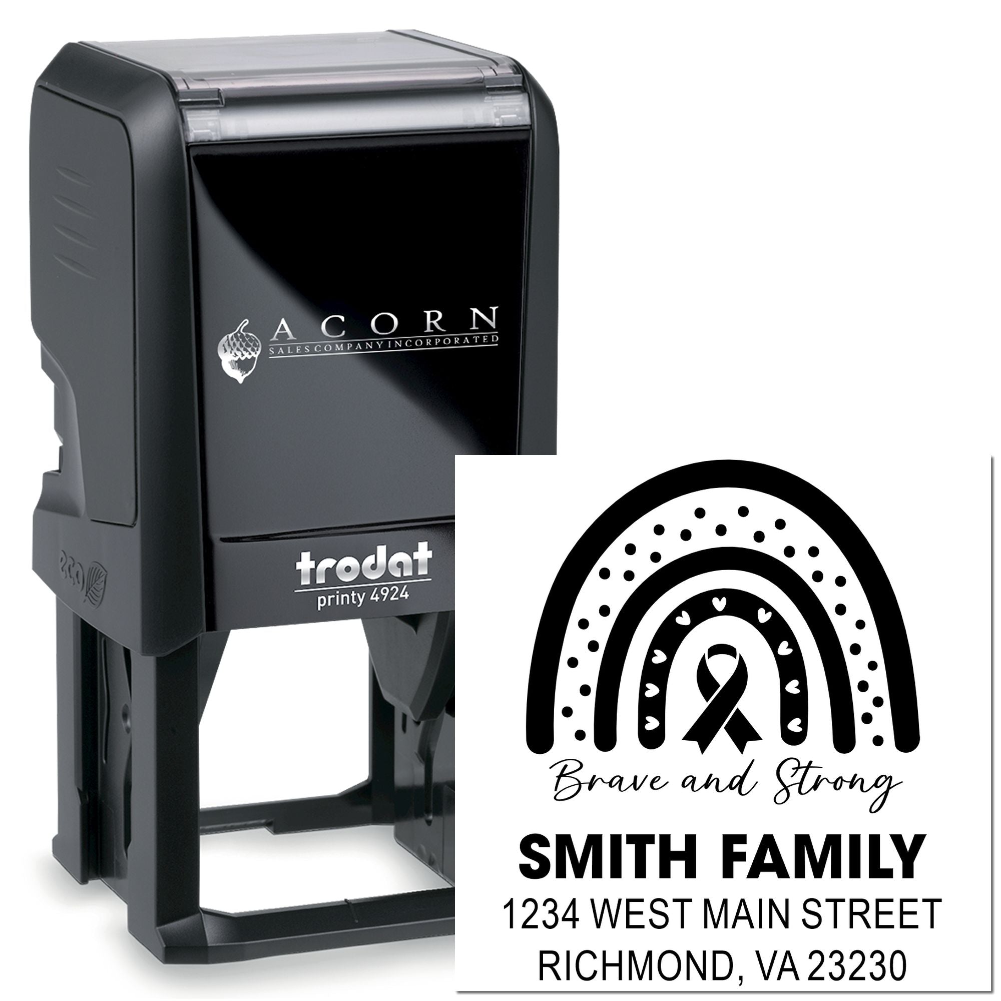 Custom self-inking rubber stamp with personalized family address design and breast cancer awareness rainbow ribbon.