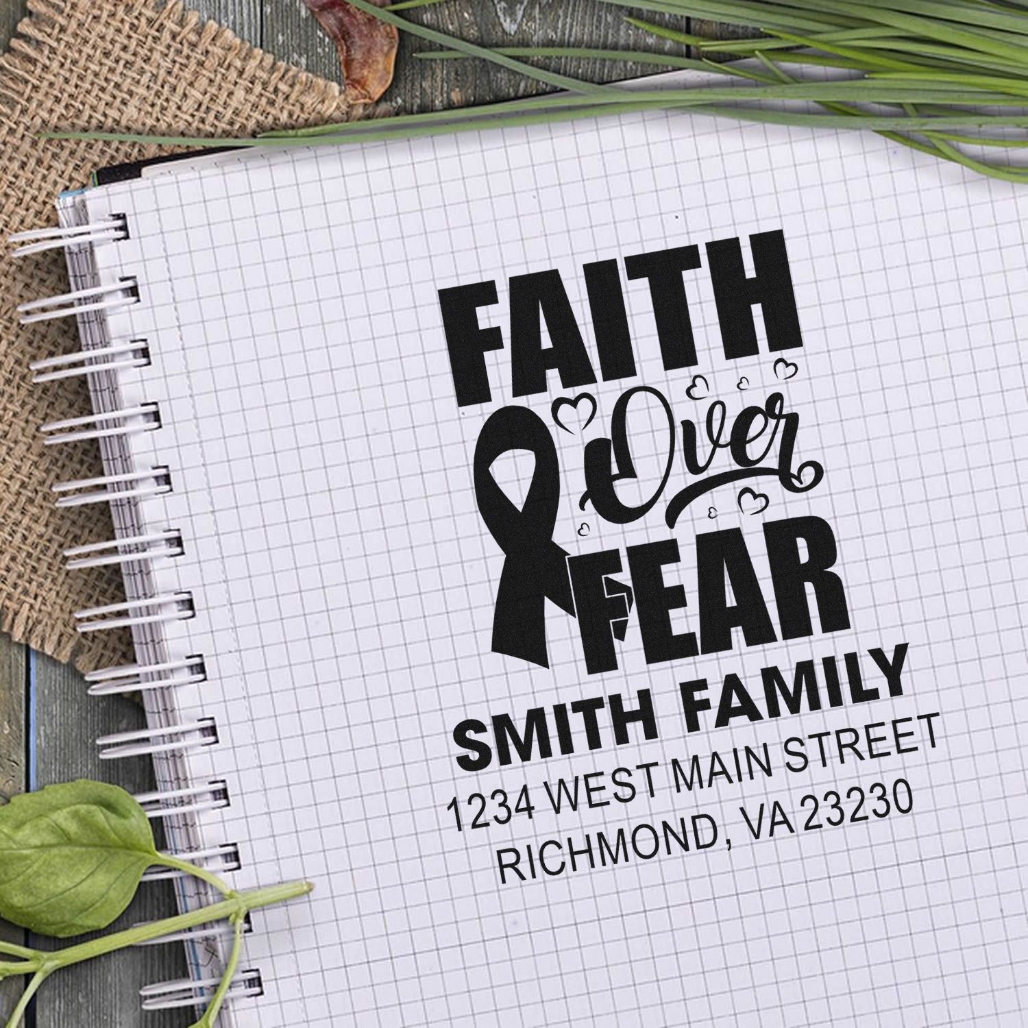 Faith Over Fear personalized family address rubber stamp with Smith family name and Richmond, VA address