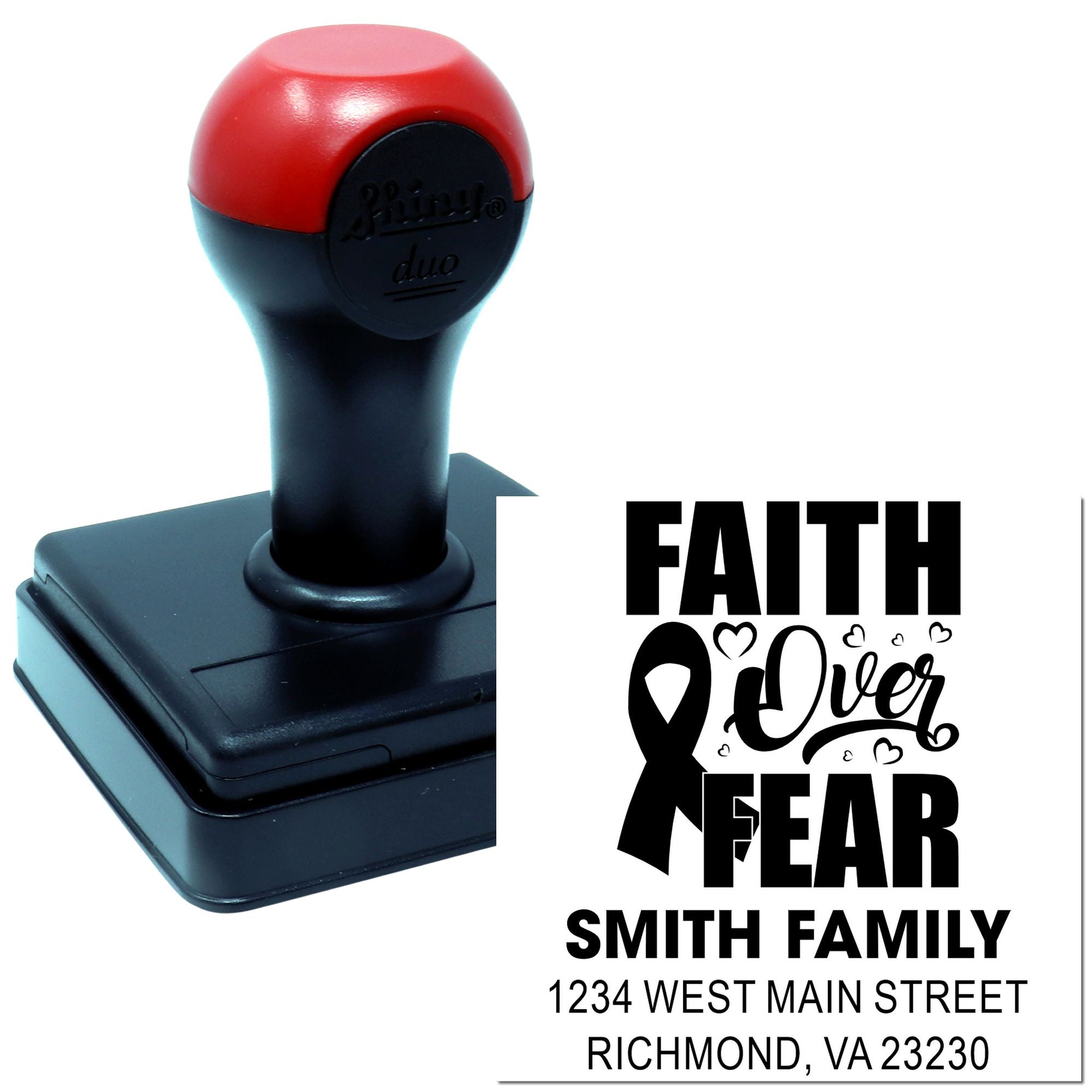 Personalized Faith Over Fear rubber stamp with Smith family address and awareness ribbon design for custom mailing use