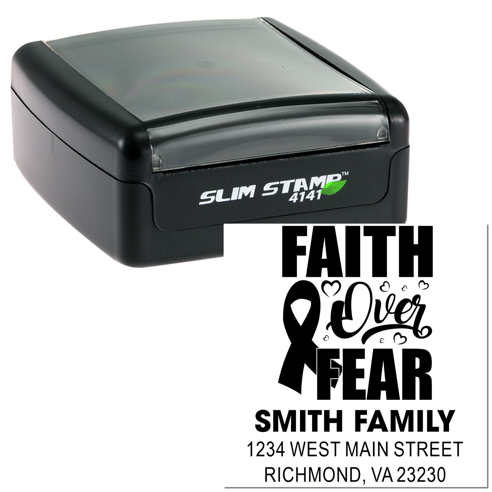 Custom self-inking rubber stamp with Faith Over Fear family address design for personalized mailing and return addressing.