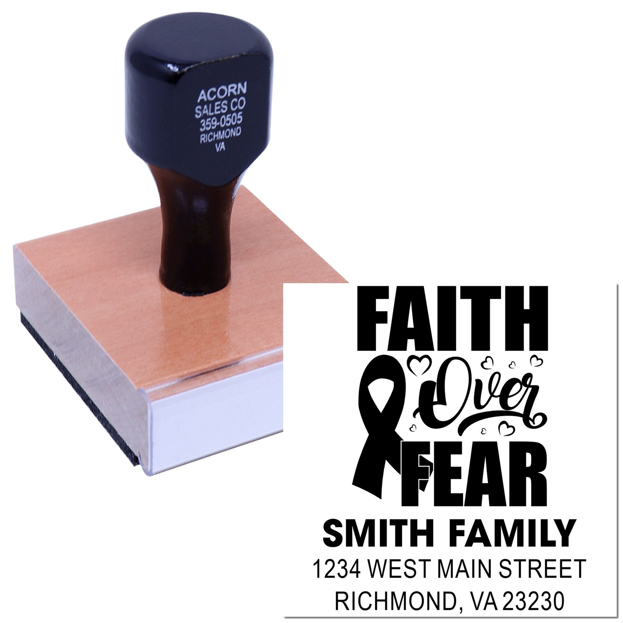 Faith Over Fear custom rubber stamp with Smith family address for personalized mailing, branding, and craft projects.