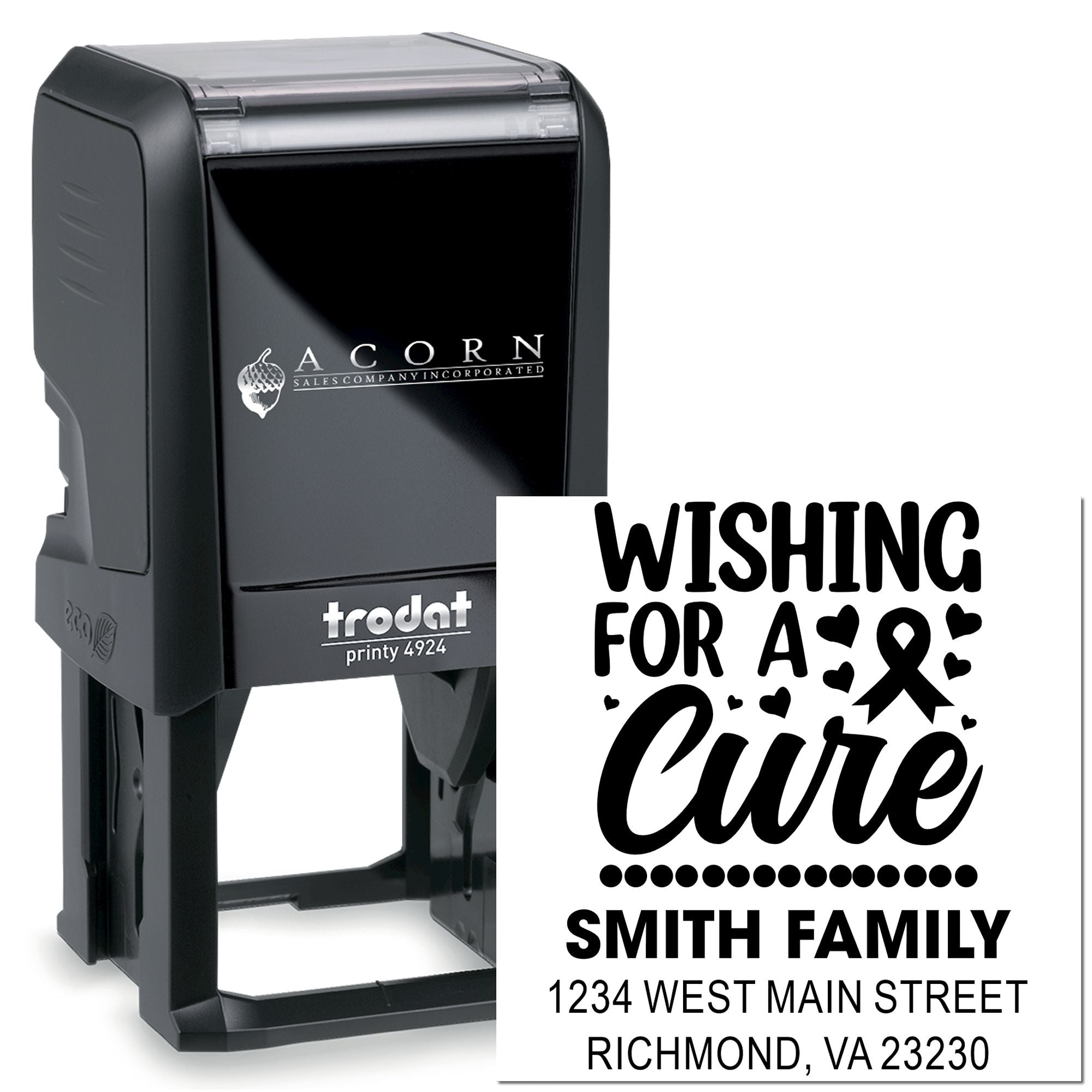 Custom self-inking rubber stamp with Wishing for a Cure cancer awareness design and address for personalized fundraising mailings.