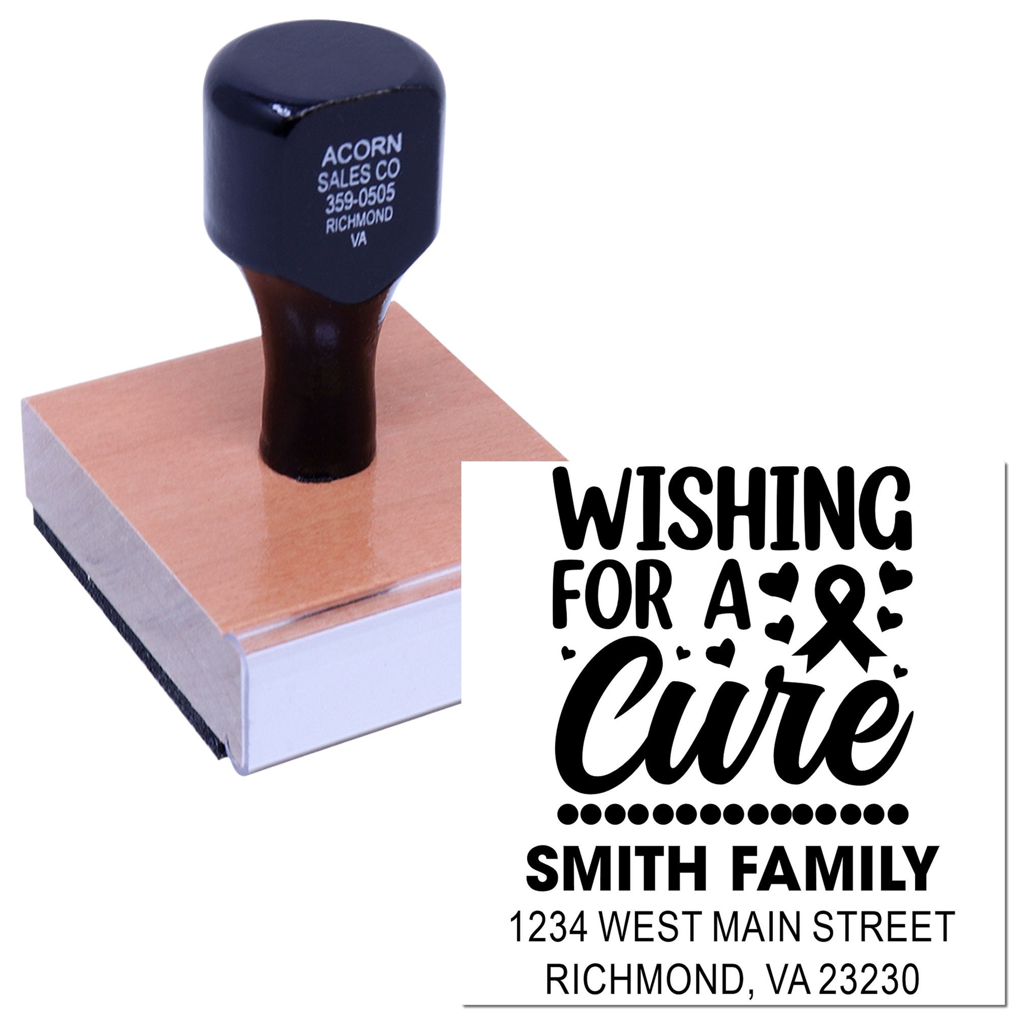 Custom rubber stamp for cancer awareness, featuring Wishing for a Cure and Smith family address.