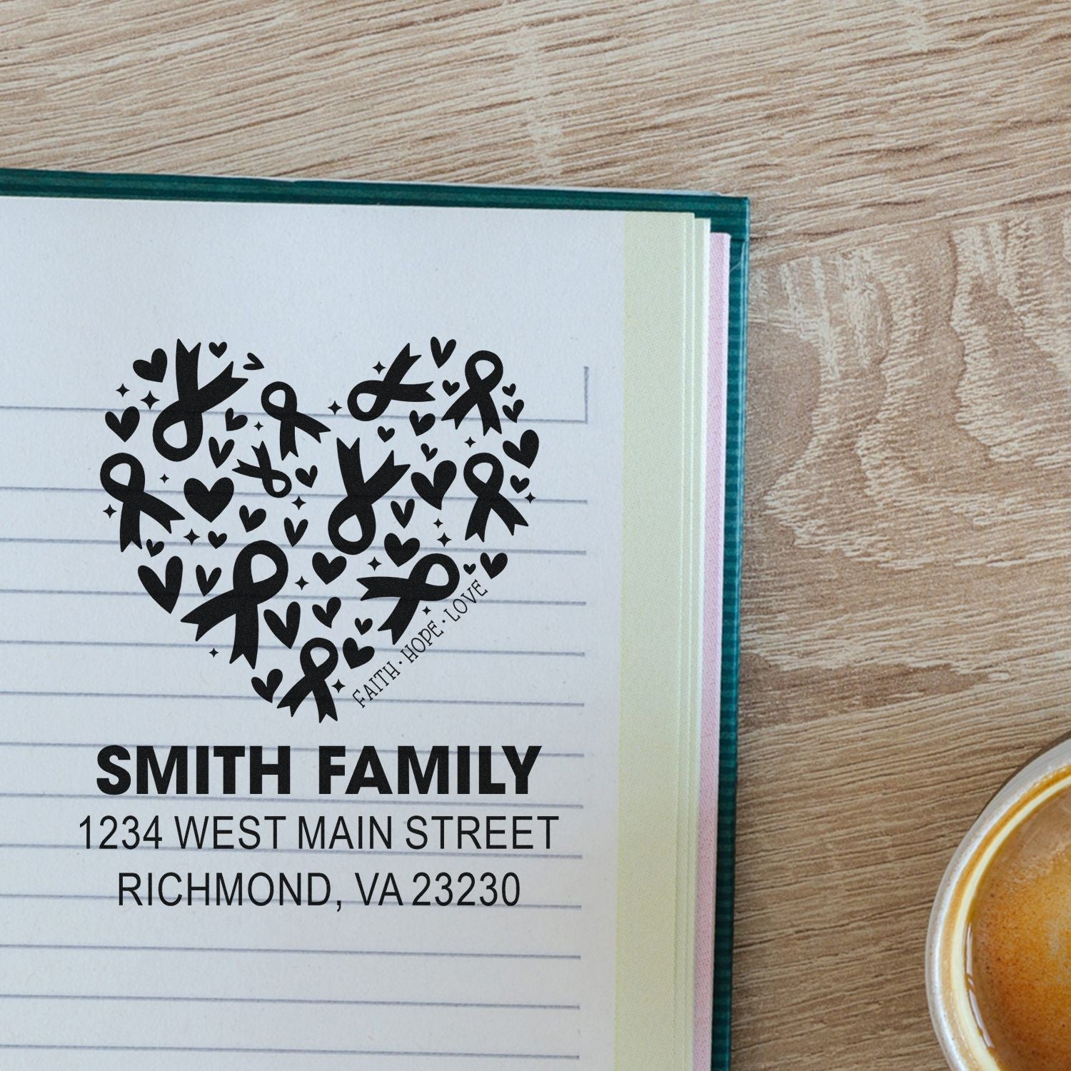 Custom rubber address stamp with heart ribbon design for Smith Family, ideal for return addresses, wedding invitations, and holiday cards.