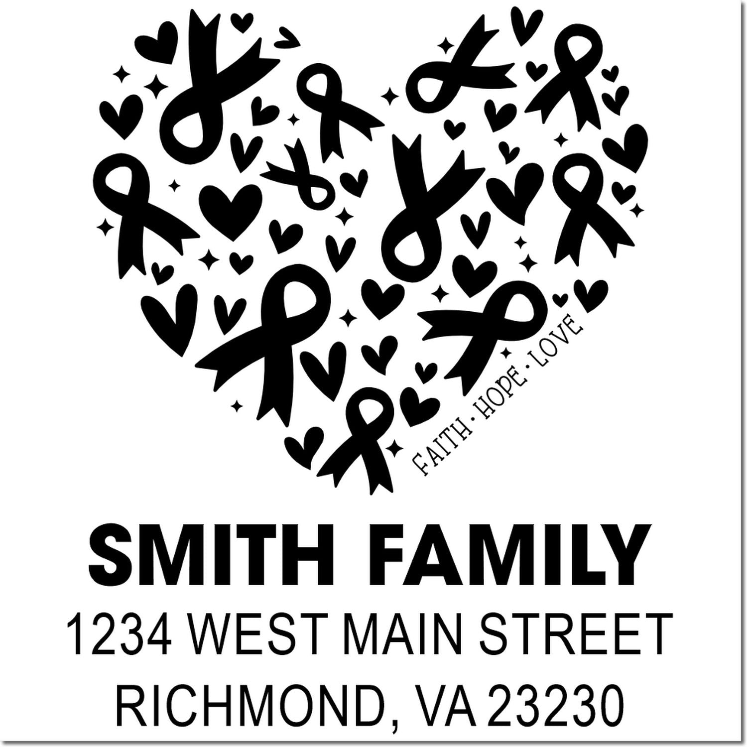 Custom rubber stamp with heart and ribbon design, Smith Family name, and Richmond, VA 23230 address.