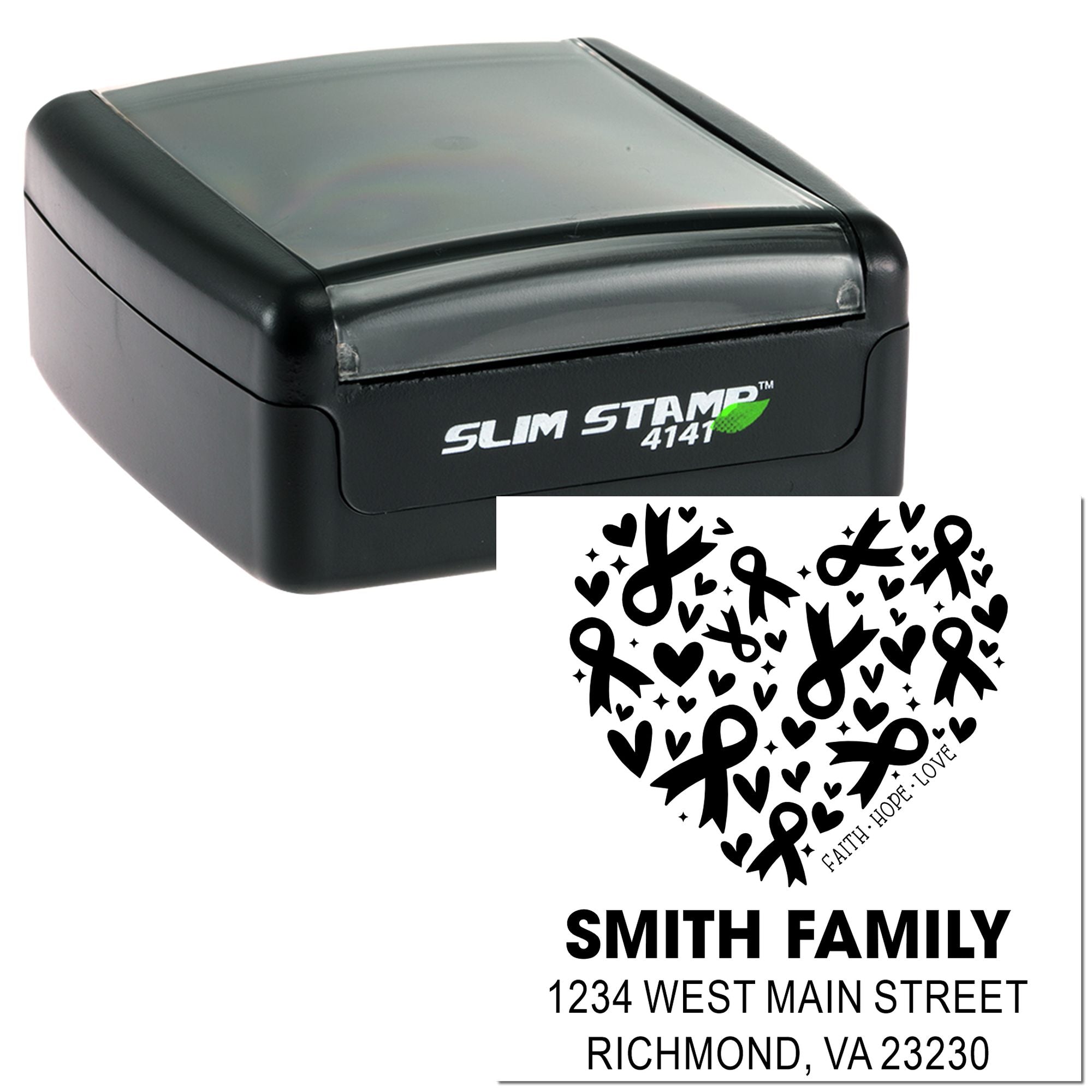 Custom self-inking address stamp with heart ribbon design for personalized faith, hope and love return mailings.