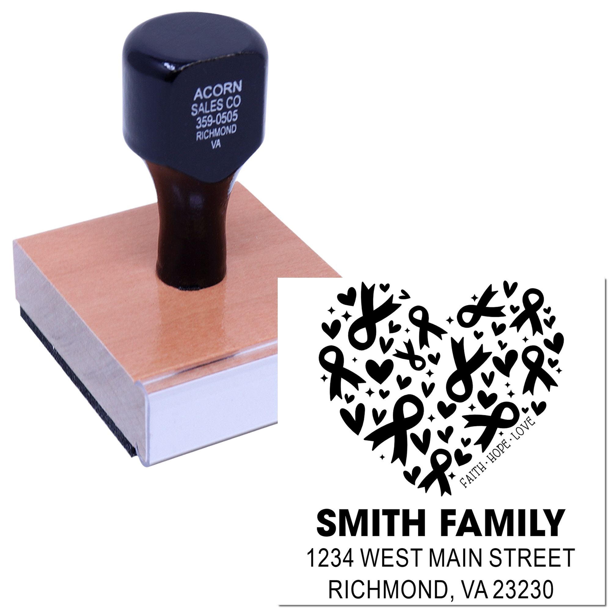Custom address rubber stamp with breast cancer awareness heart design, faith hope love ribbons, and Smith Family return address.