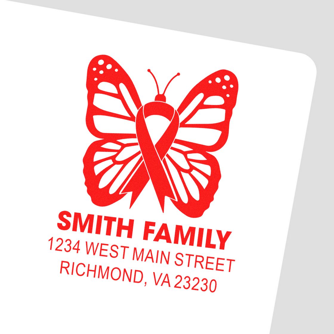 Custom butterfly awareness ribbon rubber stamp with Smith Family name and Richmond, VA 23230 address