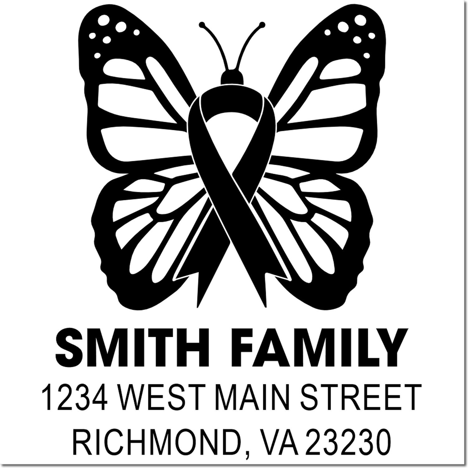 Custom butterfly awareness ribbon return address rubber stamp for Smith Family, Richmond, VA 23230
