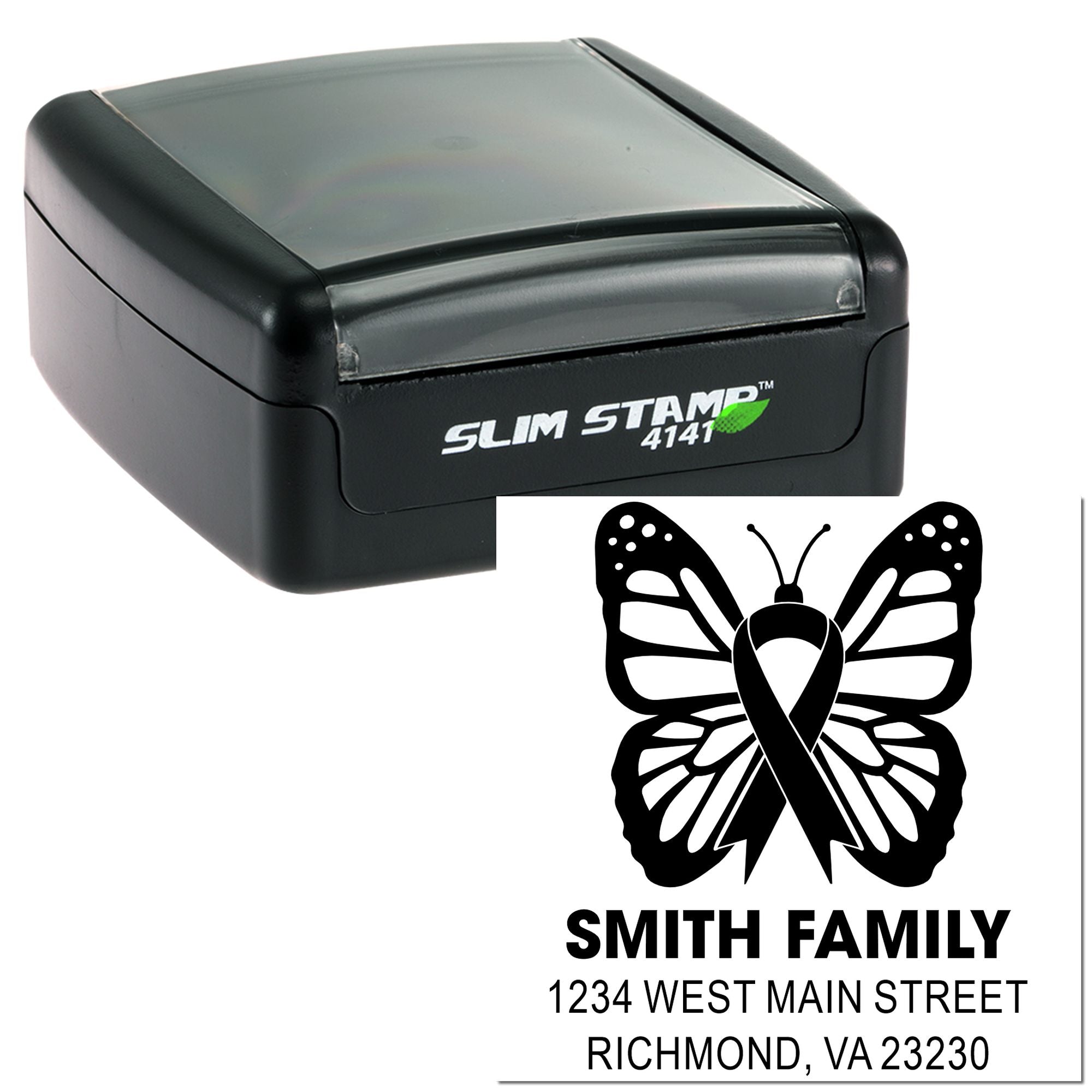 Custom self-inking Slim Stamp 4141 butterfly ribbon return address stamp with family name and address.