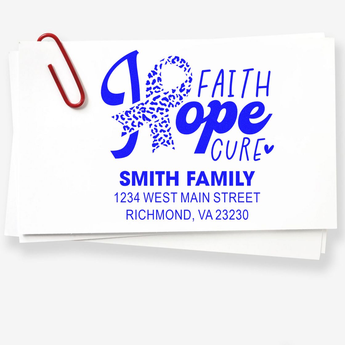 Custom faith hope cure ribbon return address rubber stamp for Smith Family, with name and Richmond, VA address.