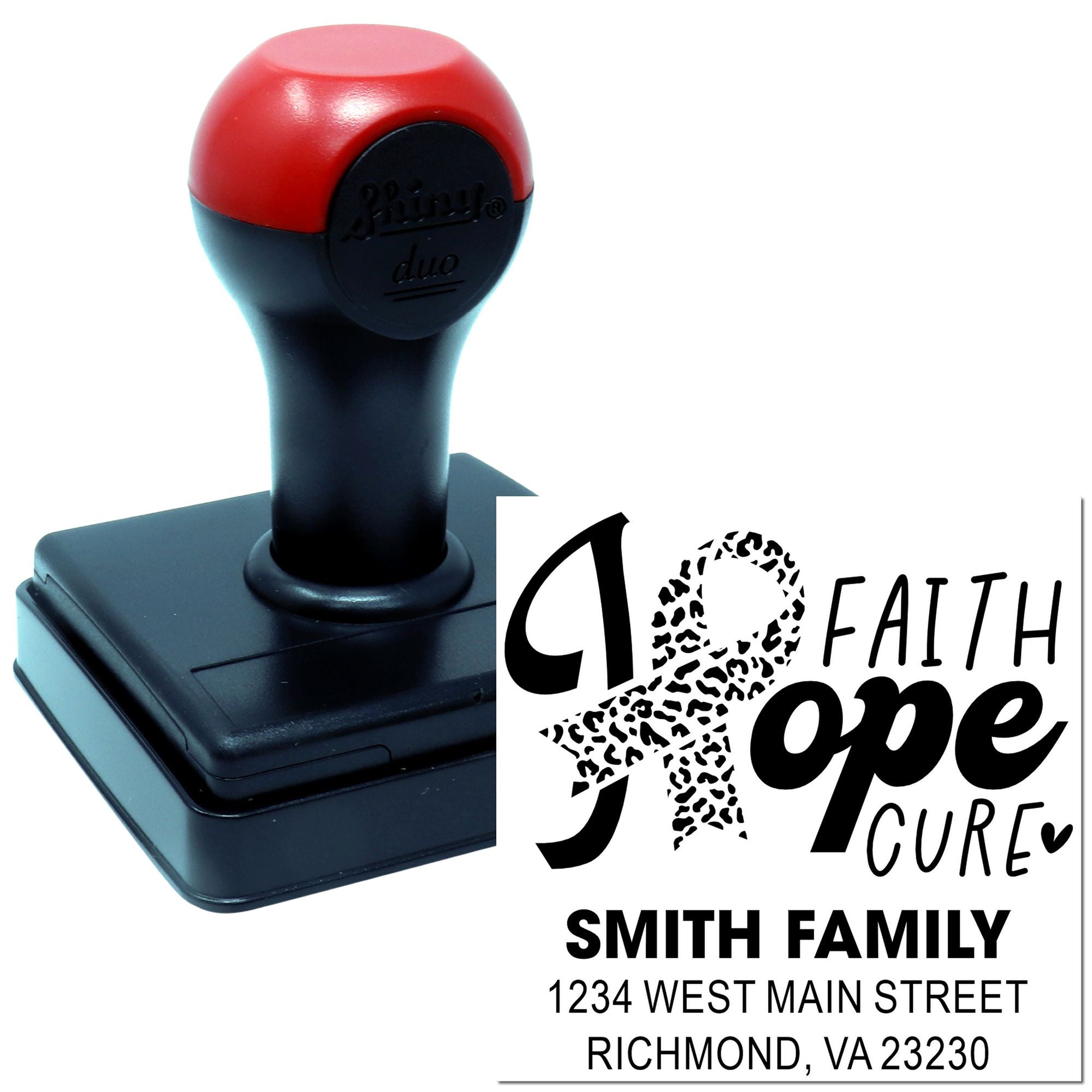 Custom self-inking rubber stamp with Faith Hope Cure ribbon design and Smith family return address.
