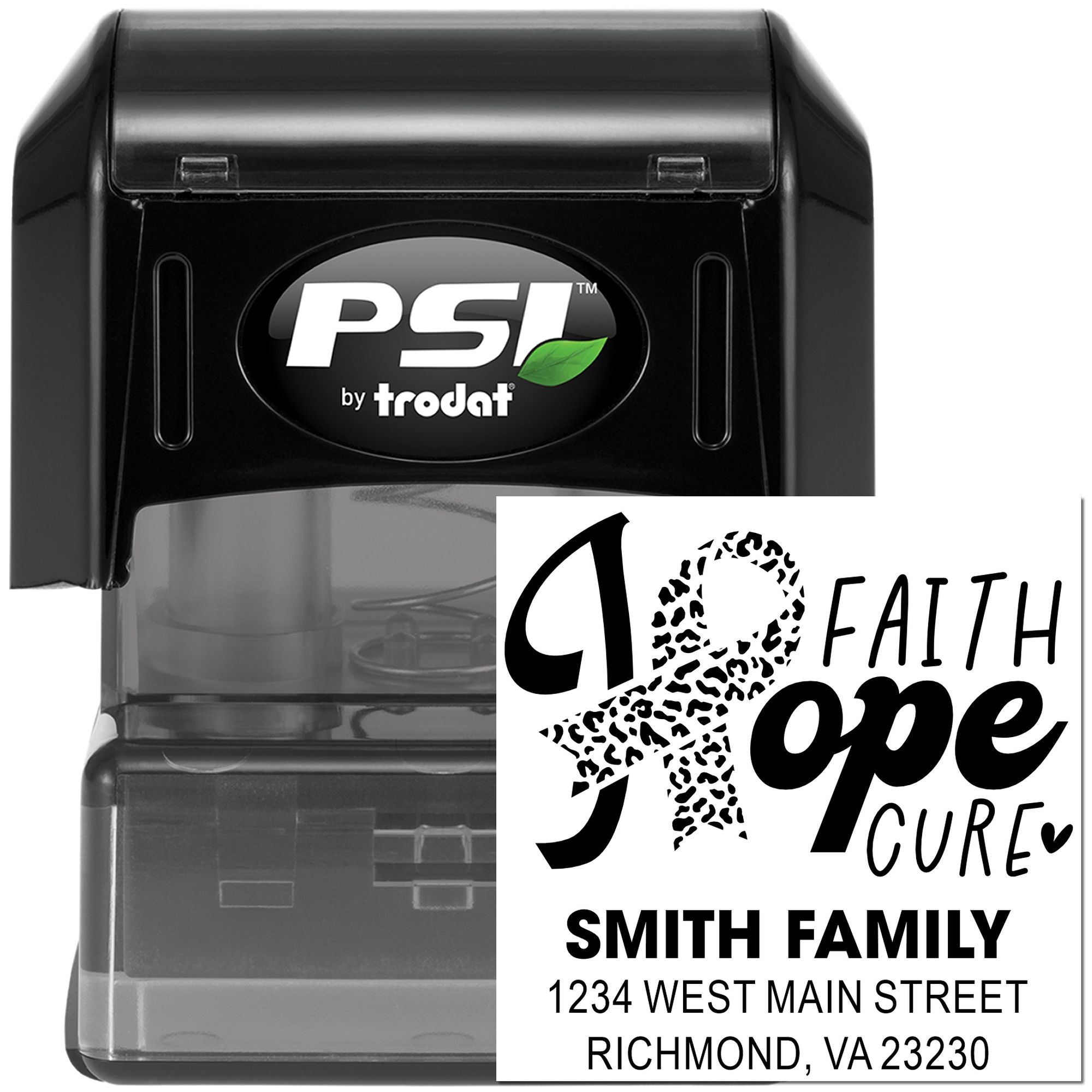 Custom self-inking rubber stamp with Faith Hope Cure ribbon design and Smith family address for breast cancer awareness.