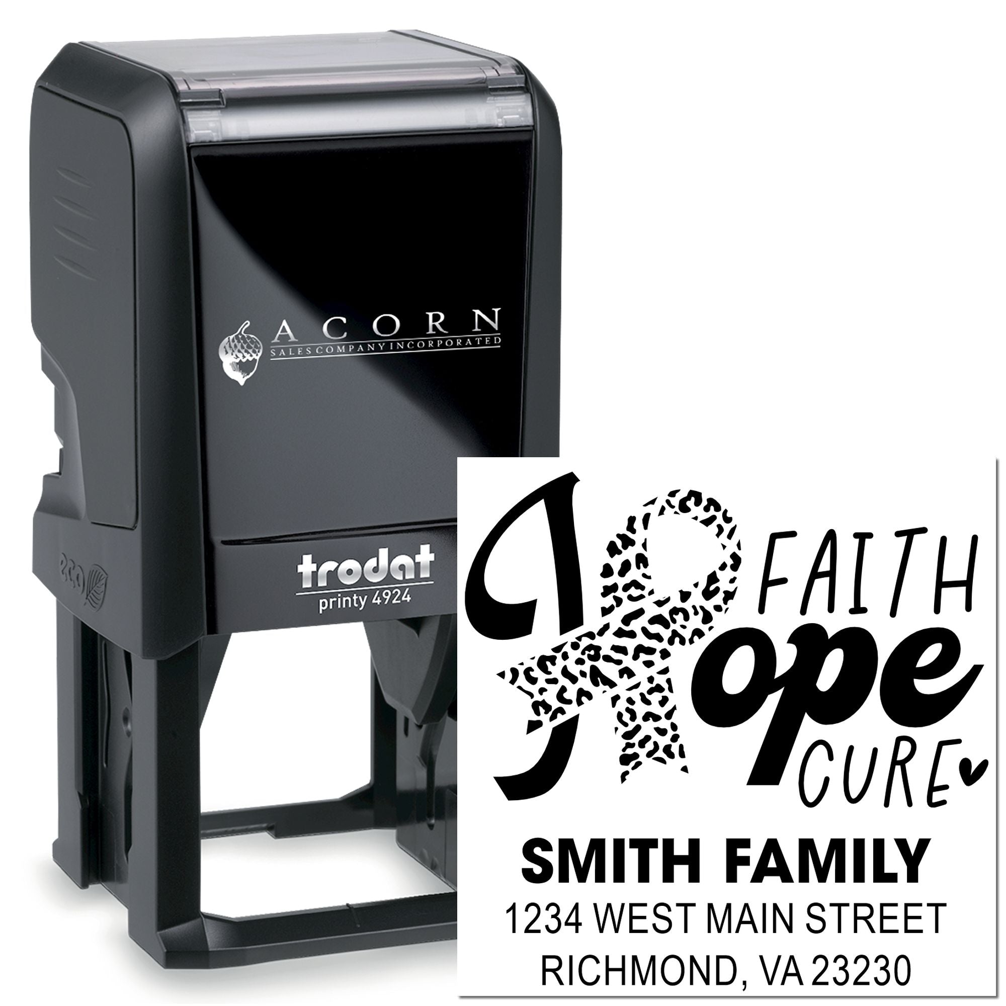 Self-inking rubber stamp with custom faith ribbon and family address imprint for personalized business or home use