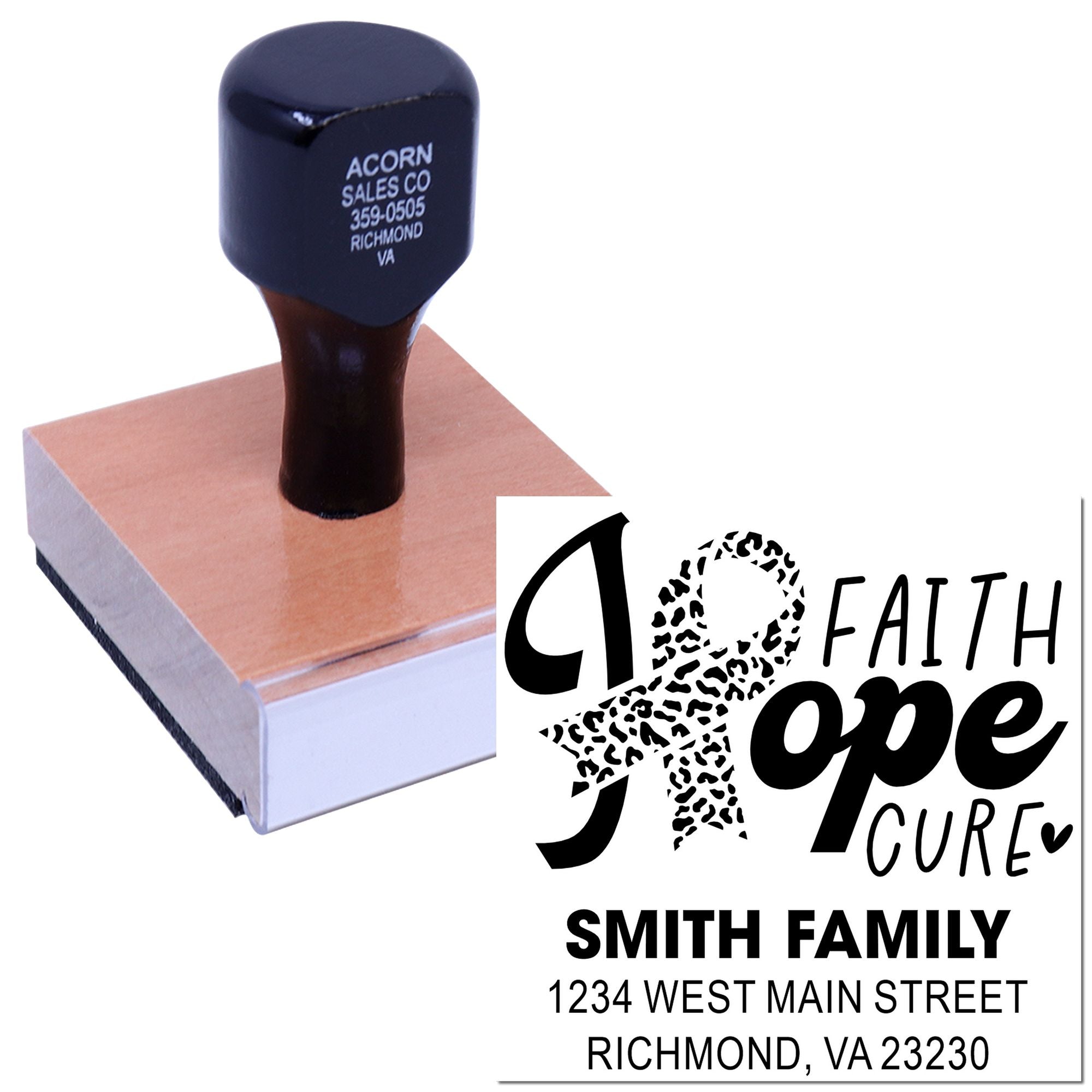 Custom address rubber stamp with faith, hope, cure cancer awareness ribbon and Smith Family return address.