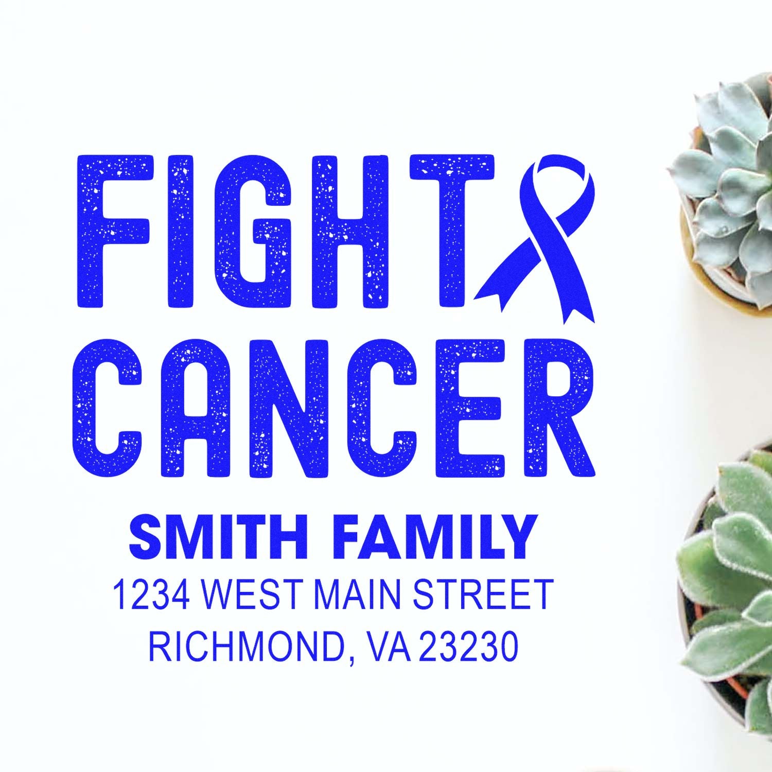 Custom Fight Cancer rubber stamp with blue ribbon and Smith Family return address for cancer awareness mailings
