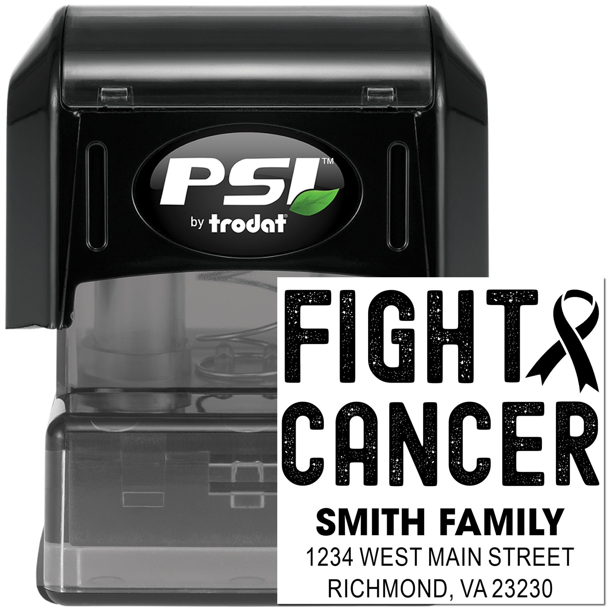 Custom self-inking rubber address stamp with Fight Cancer ribbon design and Smith Family return address, PSI by Trodat.