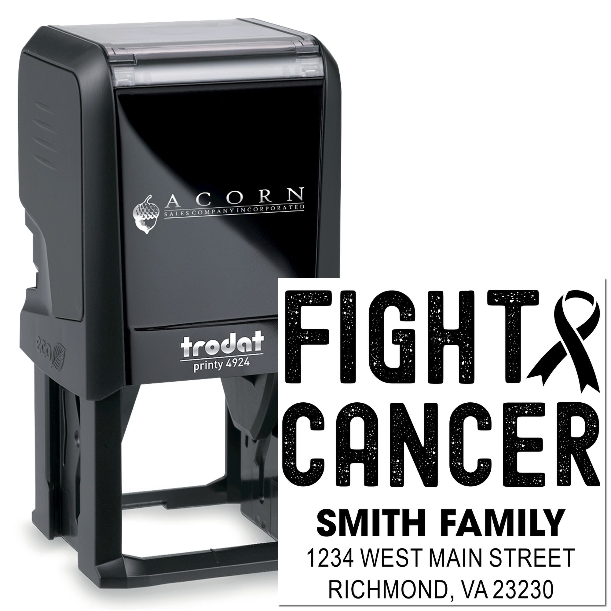 Self-inking custom rubber stamp for cancer awareness with Fight Cancer message and Smith family return address