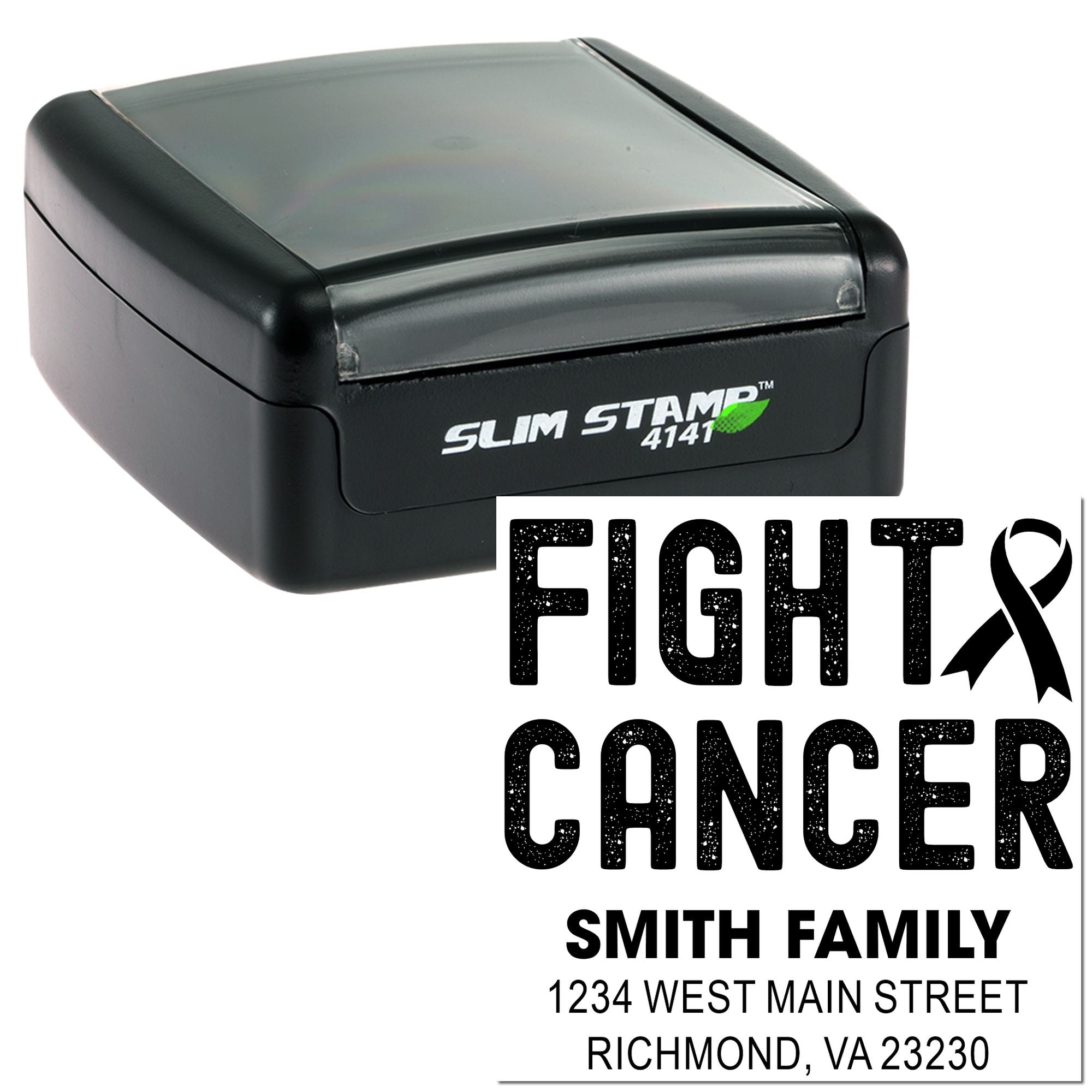 Custom Slim Stamp self-inking rubber stamp with Fight Cancer ribbon design and Smith family address return address imprint.