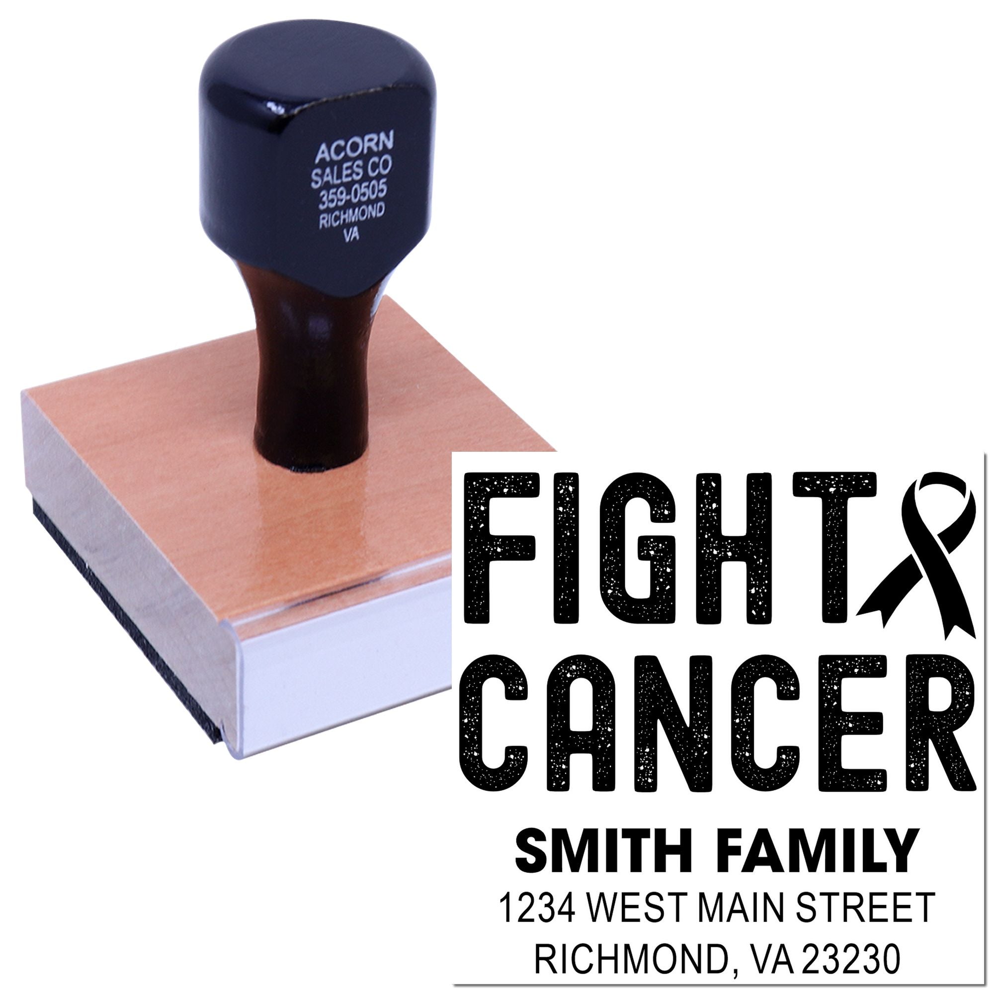 Custom rubber stamp for breast cancer awareness with Fight Cancer ribbon design and Smith family address text.