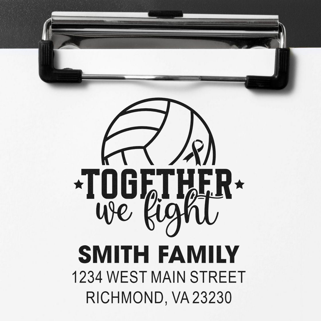 Personalized rubber stamp with volleyball logo, Together we fight, and Smith Family address for custom stationery.