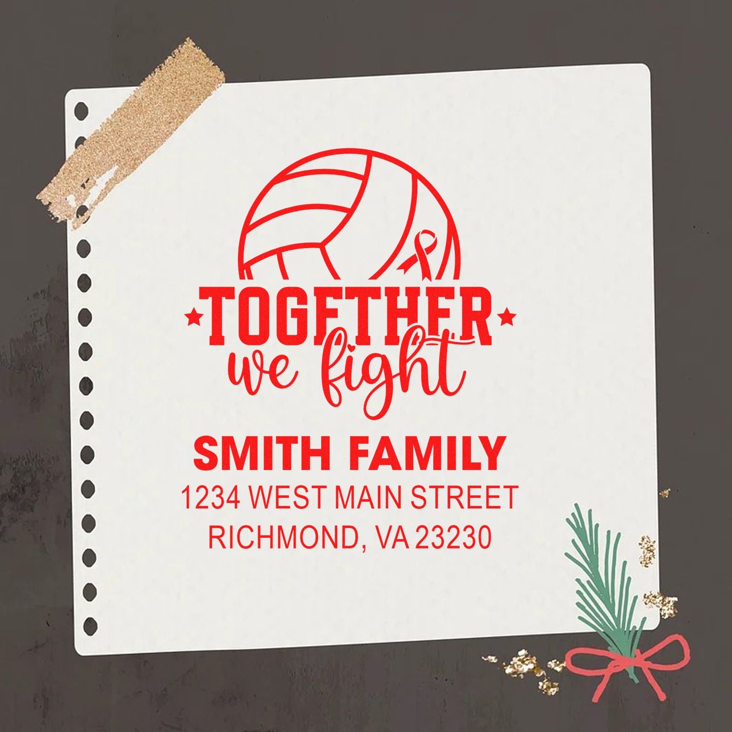 Custom rubber stamp with Together We Fight breast cancer design and Smith Family return address for personalized cards.