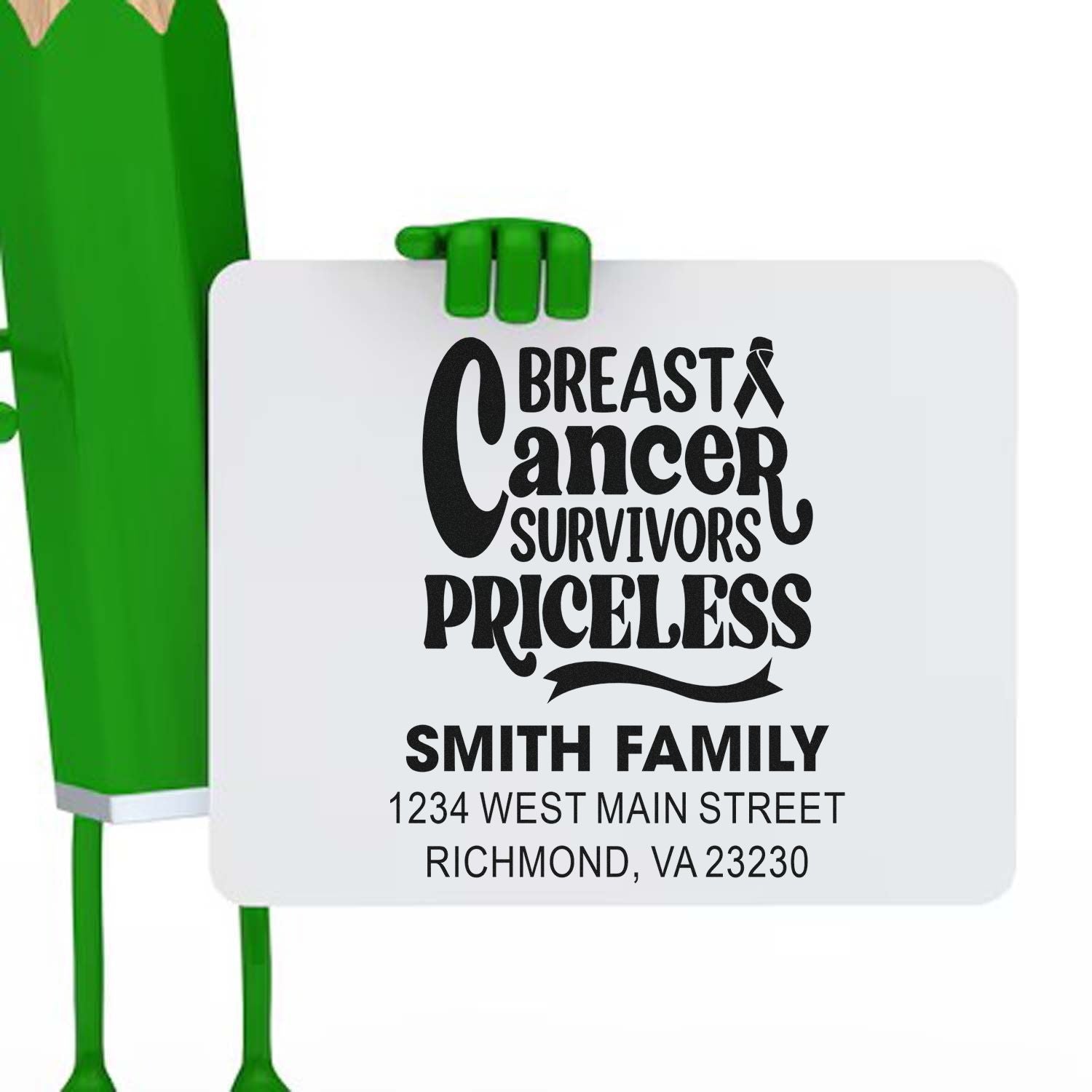 Custom Breast Cancer Survivors Priceless return address rubber stamp for Smith Family, Richmond VA awareness gifts.