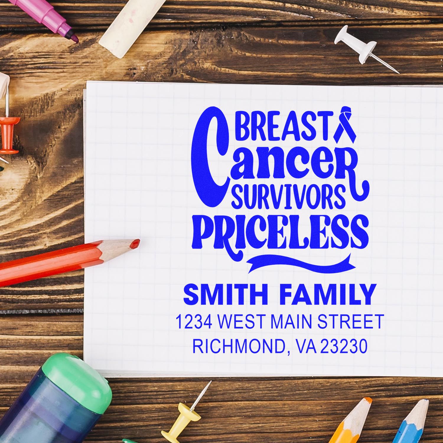 Personalized rubber stamp for breast cancer survivors, featuring family name, address, and ribbon with Priceless message.