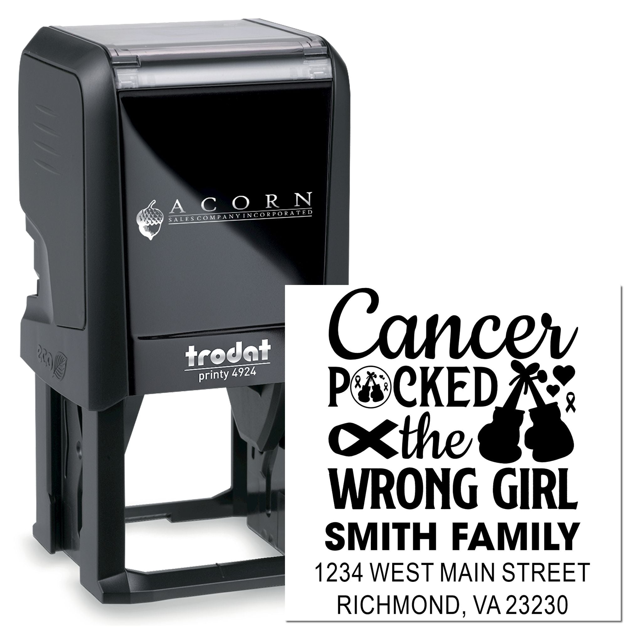 Custom cancer awareness self-inking rubber stamp with personalized family address and Cancer picked the wrong girl design