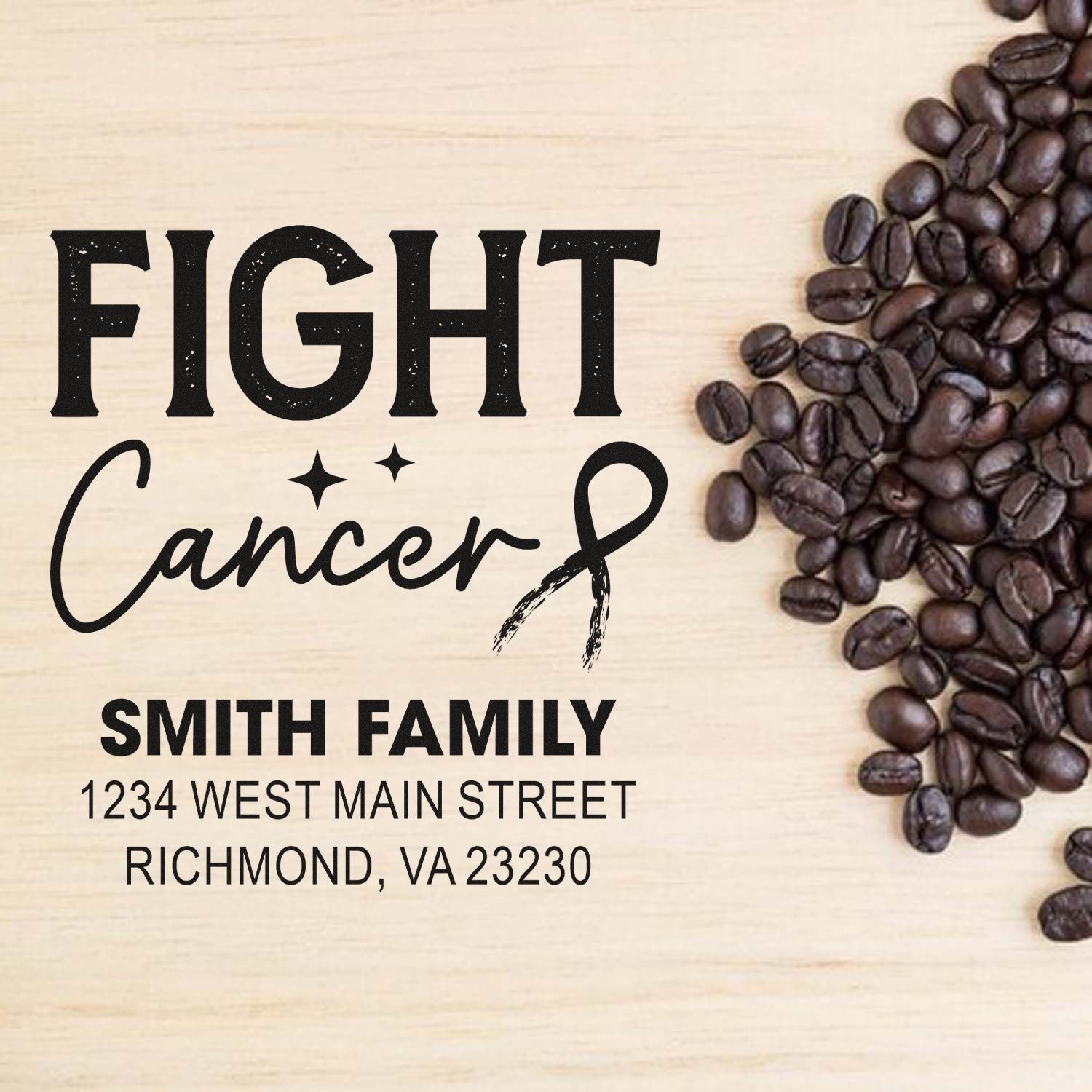 Custom Fight Cancer coffee-themed rubber stamp with Smith Family name and address for awareness branding.