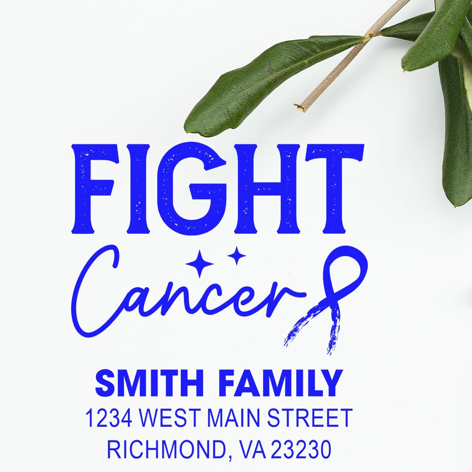 Custom Fight Cancer rubber stamp with Smith Family return address, Richmond, VA 23230.
