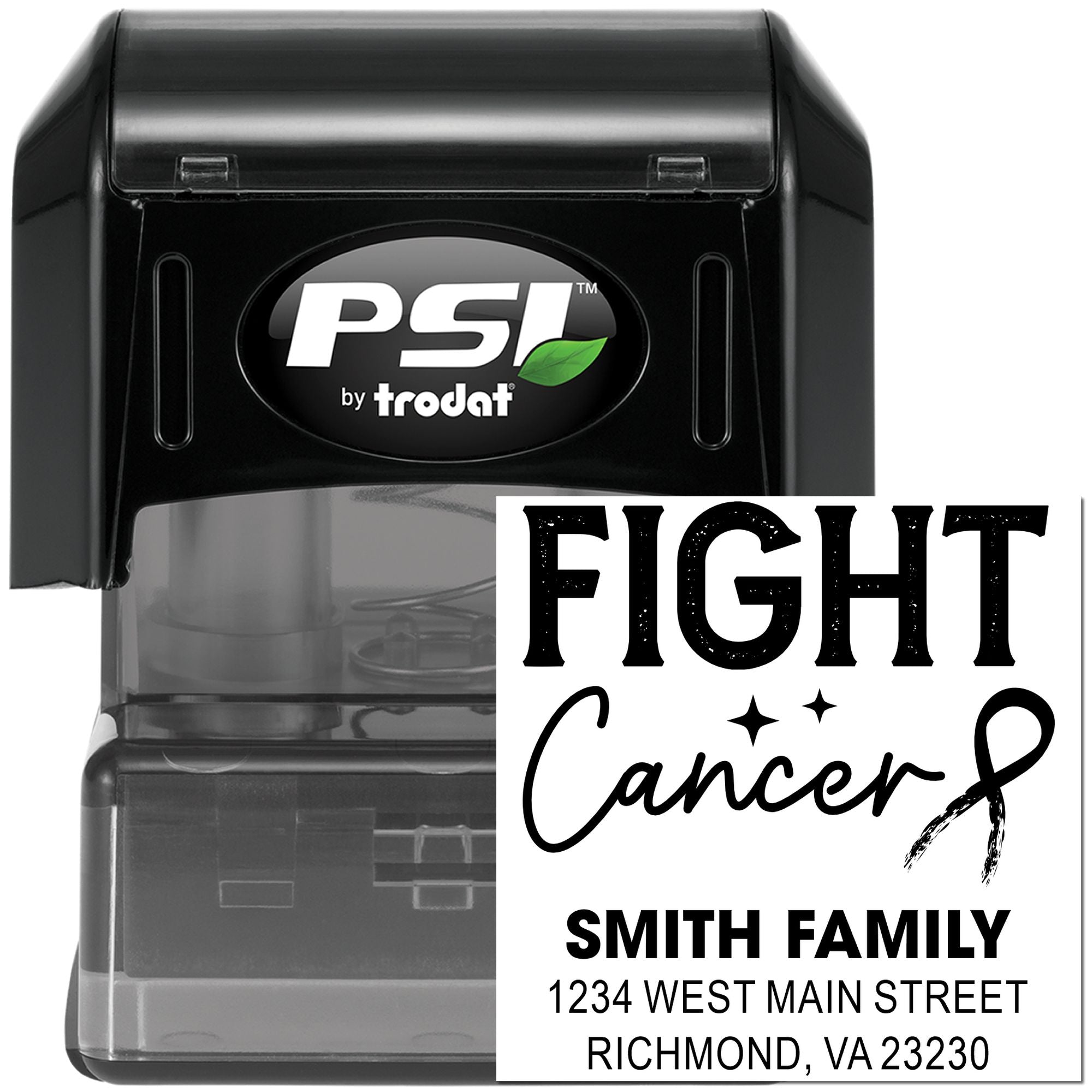 PSI by Trodat self-inking rubber stamp with Fight Cancer design and Smith Family return address for custom mailing labels