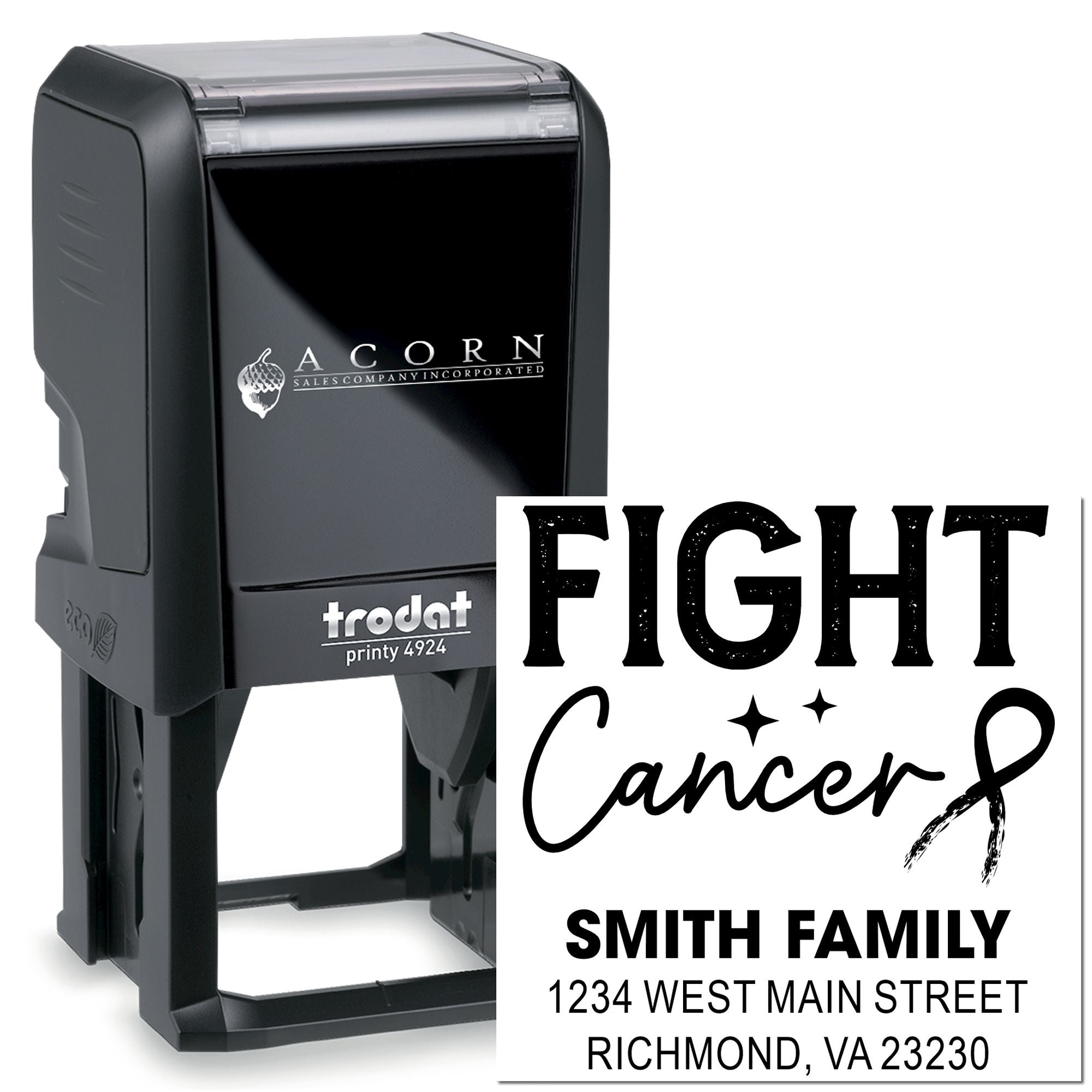 Custom self-inking rubber stamp with Fight Cancer imprint, personalized name and address for awareness or fundraising use.
