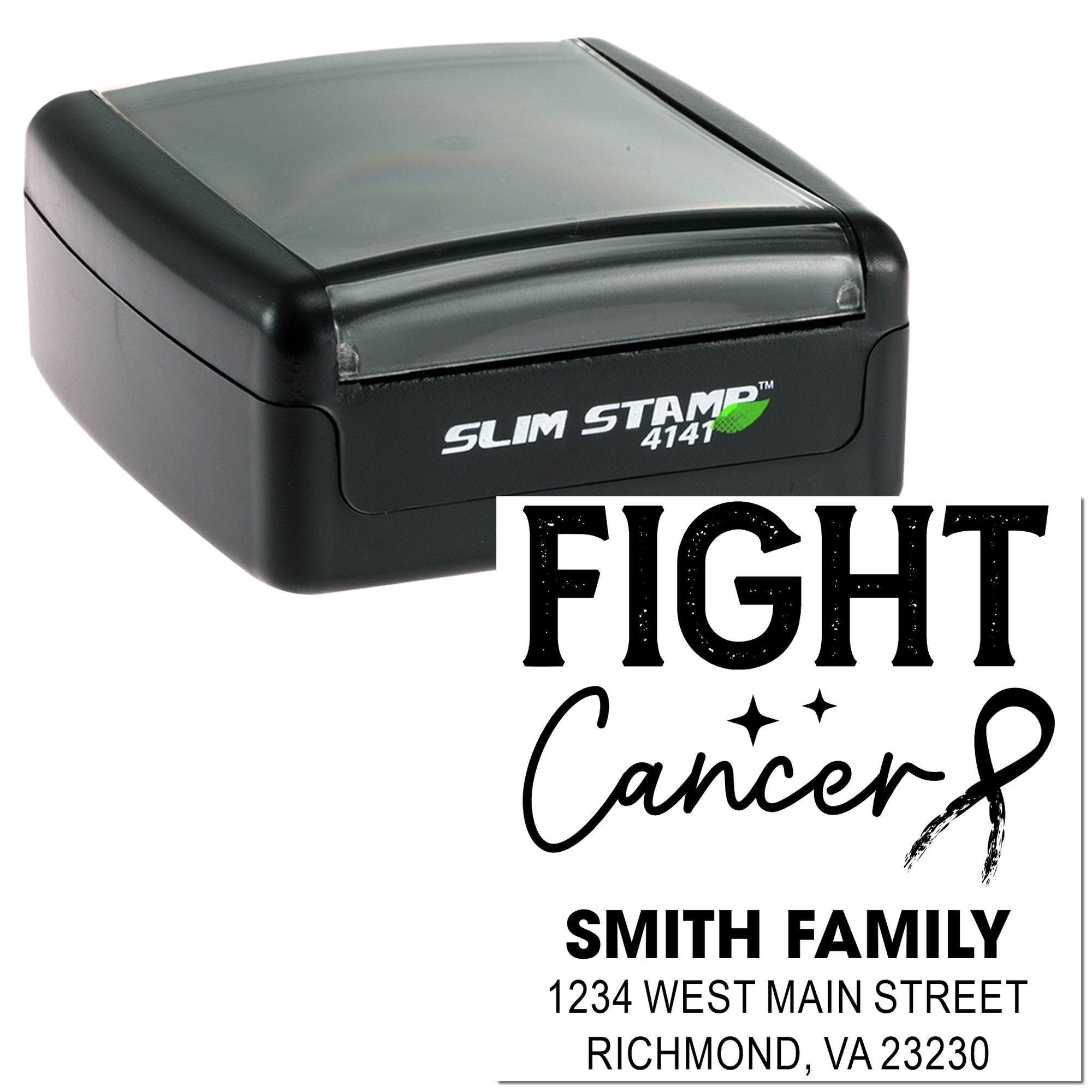 Custom self-inking rubber stamp with Fight Cancer design and Smith Family return address.