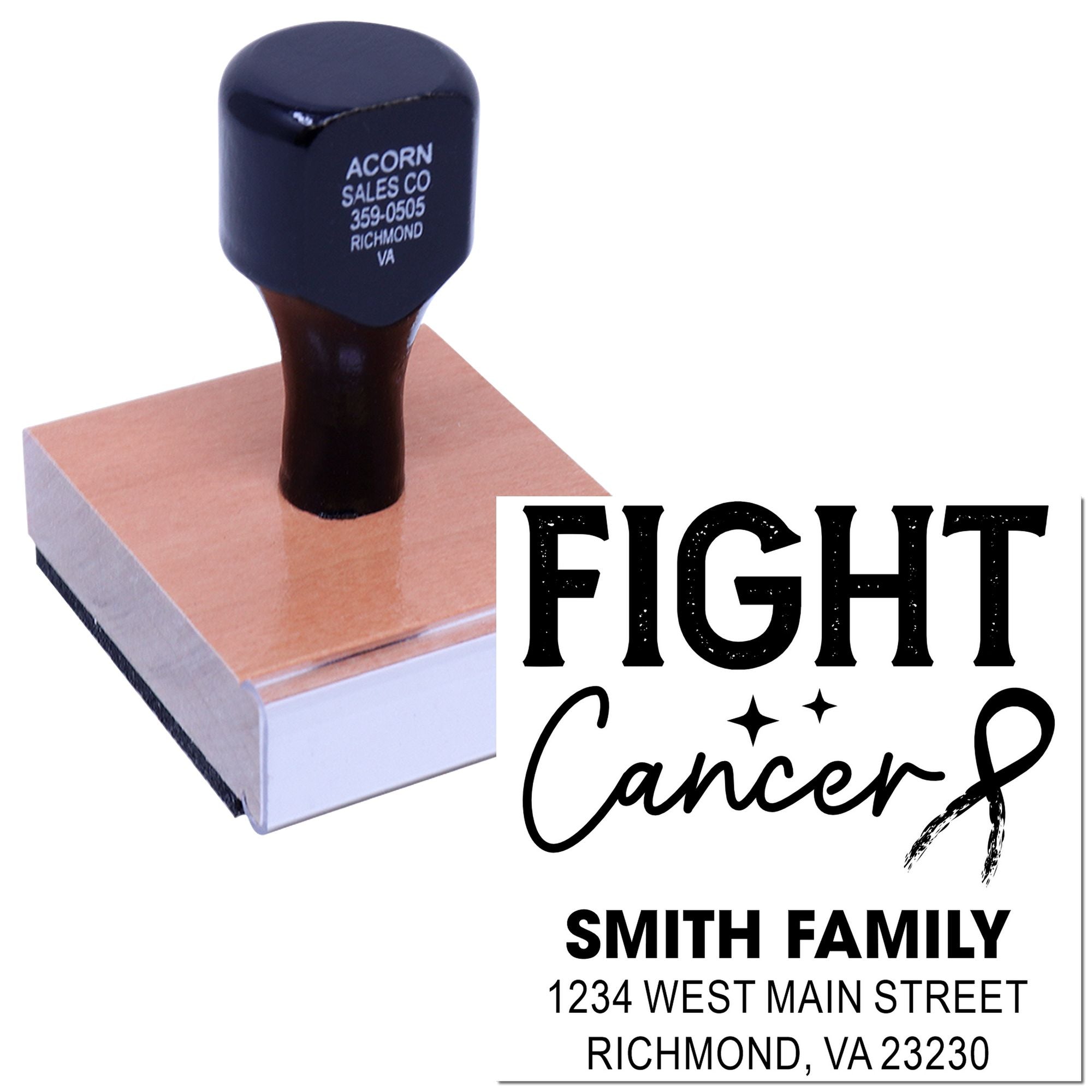 Custom Fight Cancer rubber stamp with Smith Family return address for awareness cards and mailings.