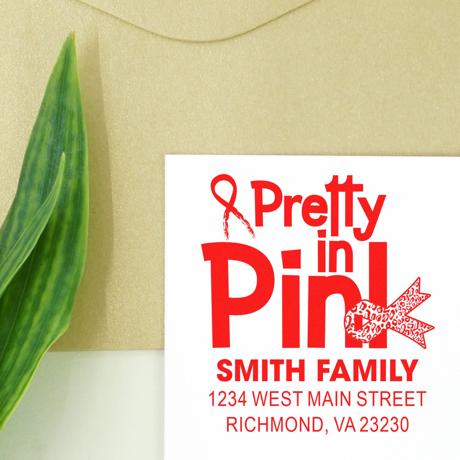 Custom rubber stamp for Smith Family stationery, featuring Pretty in Pink design and Richmond, VA address.