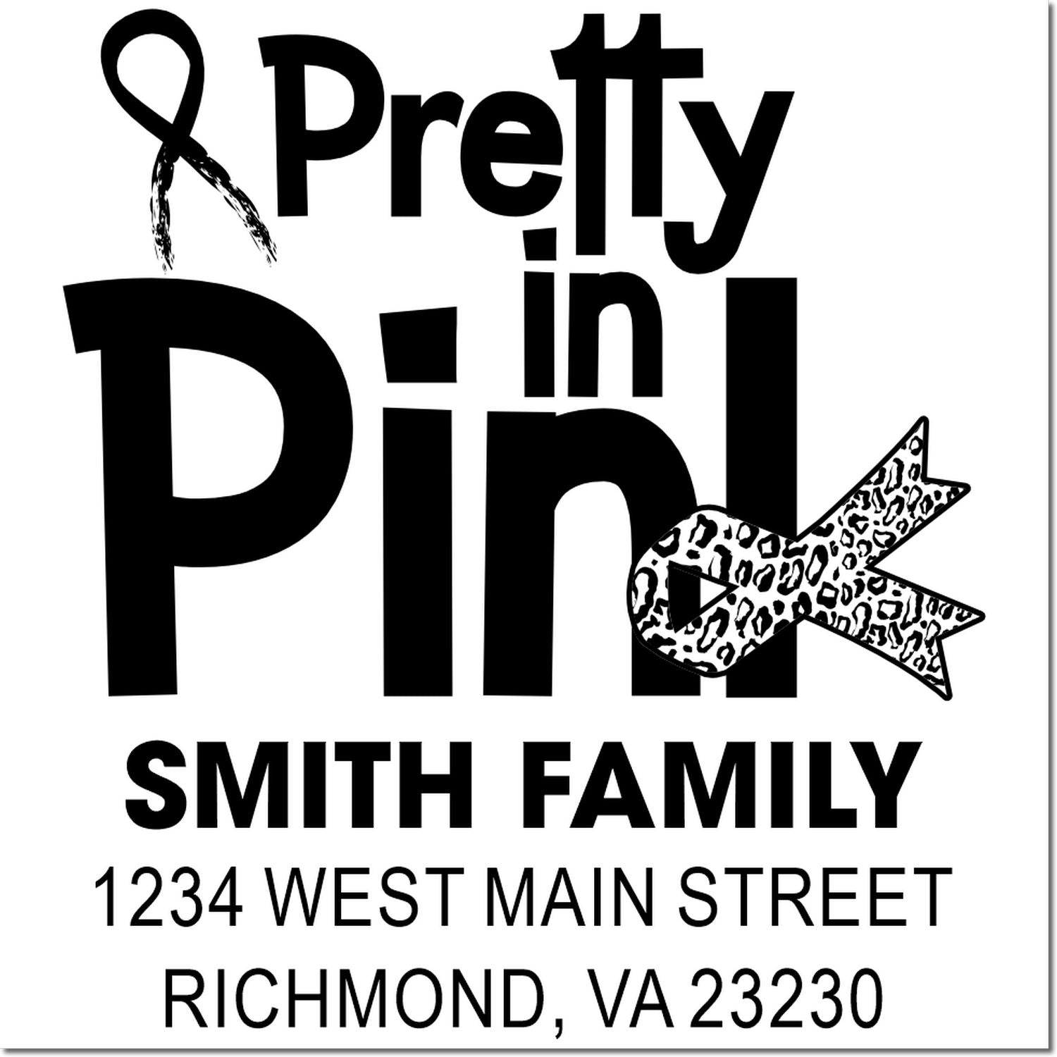 Pretty in Pink custom rubber address stamp for Smith Family, 1234 West Main Street, Richmond, VA 23230